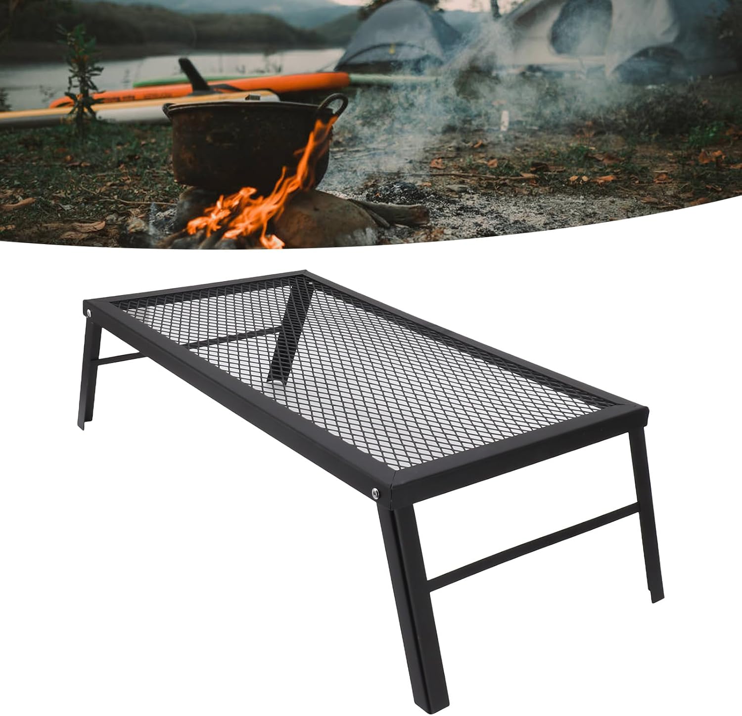 Folding Campfire Grill, Black, Rectangular, 6.3 x 21.7 x 11.8 inches, Camping Grill