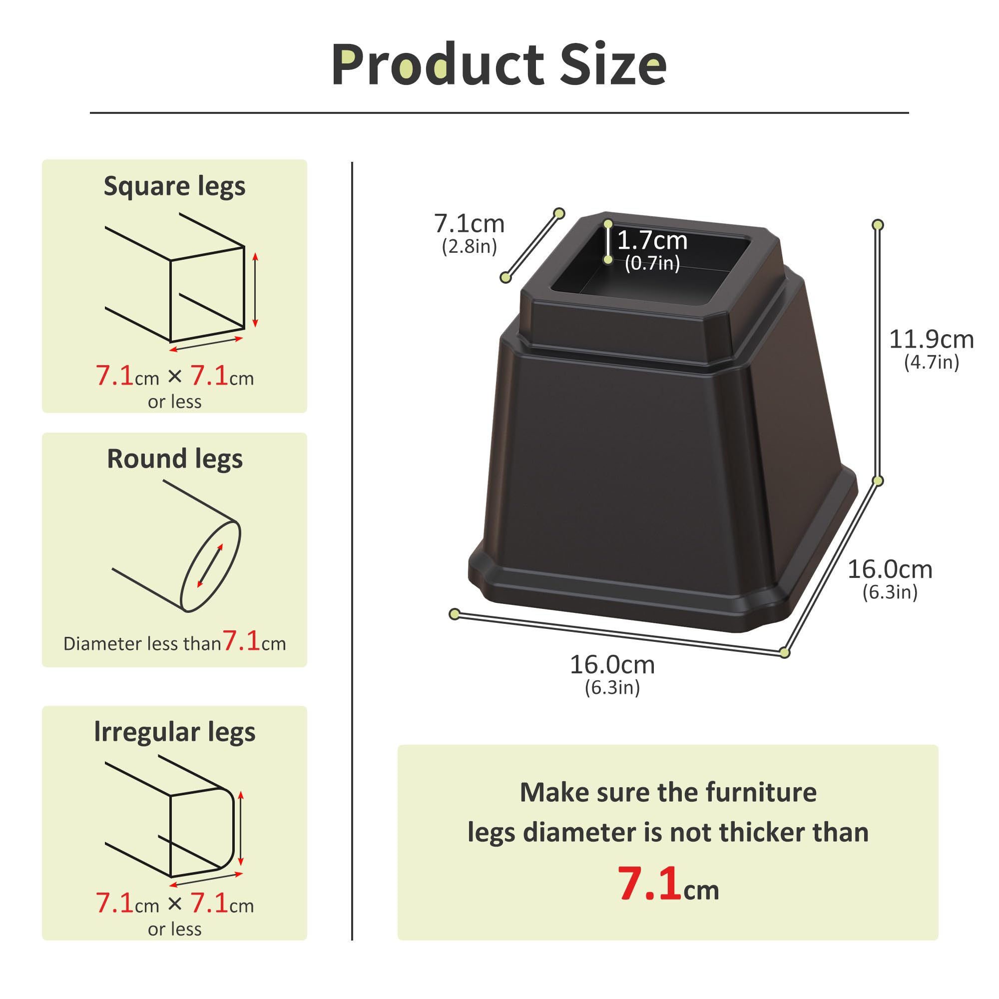 Lutown-Teen Alzatine per Letto da 10 cm, Rialzi Pesanti per Mobili per Divani, Alzatine per Sedie, Alzatine per Divano, Alzatine per Tavolo, Set da 8 Pezzi, Colore Nero