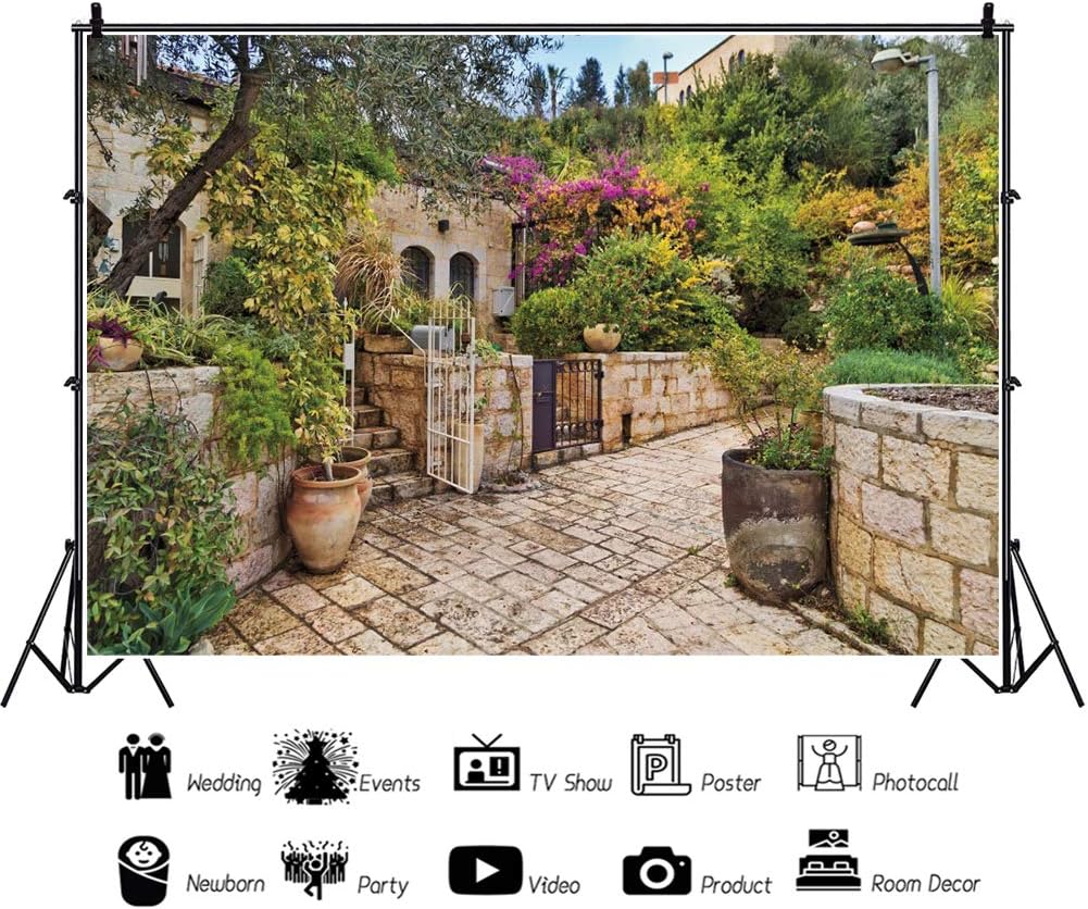 10x8ft Jerusalem Old House Narrow Street Backdrop Jerusalem Backdrop Spring Flowers Trees Background for Photography Wedding Party Supplies Judaism Event Decor Banner