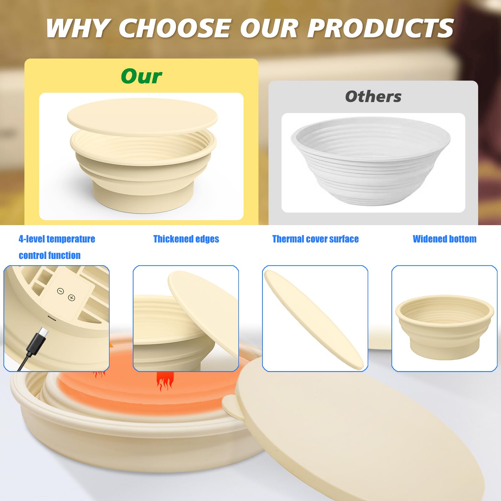 Heating Sourdough Bread Proofing Basket Set Electric Foldable Silicone Bannetons Basket Non-Stick Bread Proofing Basket Sourdough Baking Supplies