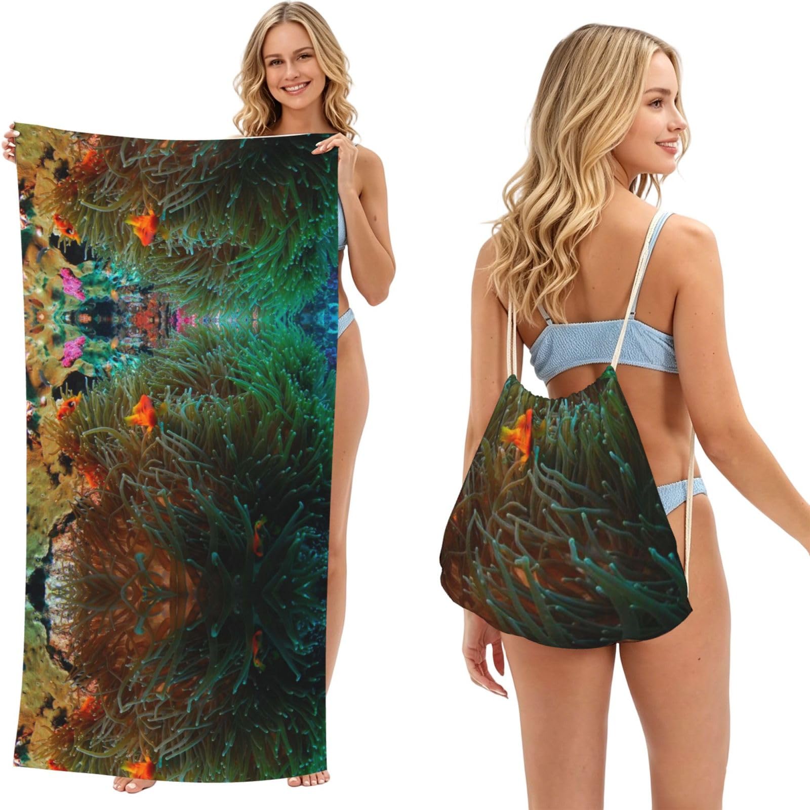 SATUSA Coral And Fish Print 2-In-1 Foldable Beach Towel Backpack â€“ Camping, Yoga And Travel,Bath Towel With Built-In Storage, Convertible Beach Mat & Carry Bag