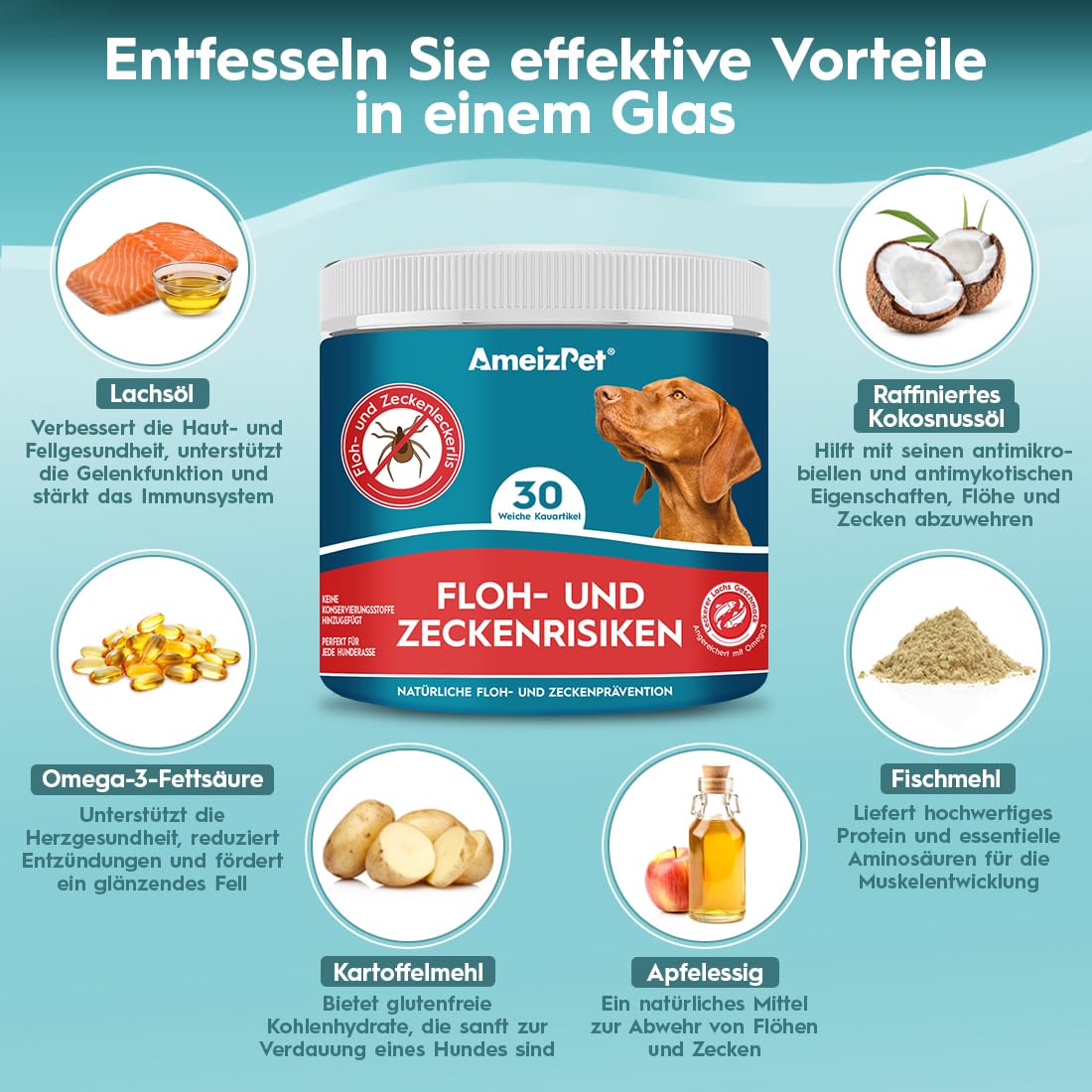 AmeizPet Floh Und Zeckenschutz Für Hunde, Zeckenschutz Hund, Anti Floh Hund Verstellbar Floh-Und Zecken Prävention, Verdauungsenzyme Für Alle Rassen Geeignet, 30 Hunde Leckerlis, 67.5g (2.3 Oz)