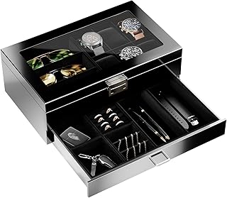 ProCase Lacquered Finish Wooden Men's Jewelry Box, Watch and Sunglasses Box Organizer for Men, 2-Tier Watch Holder Display...