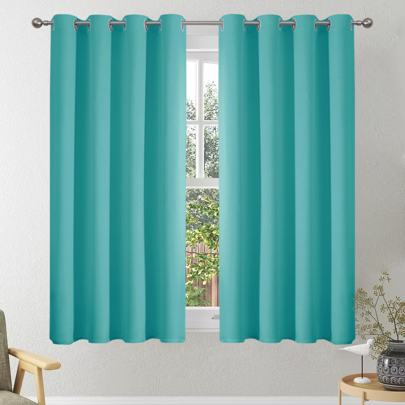 VEHEDE Vorhang Blickdicht Ösenvorhang Verdunklungsvorhänge Gardinen Kurz Wohnzimmer Modern Thermovorhang gegen Kälte Übergardinen, 2er Set, Schlafzimmer Vorhänge mit Ösen, H 114 x B 117 cm, Türkis