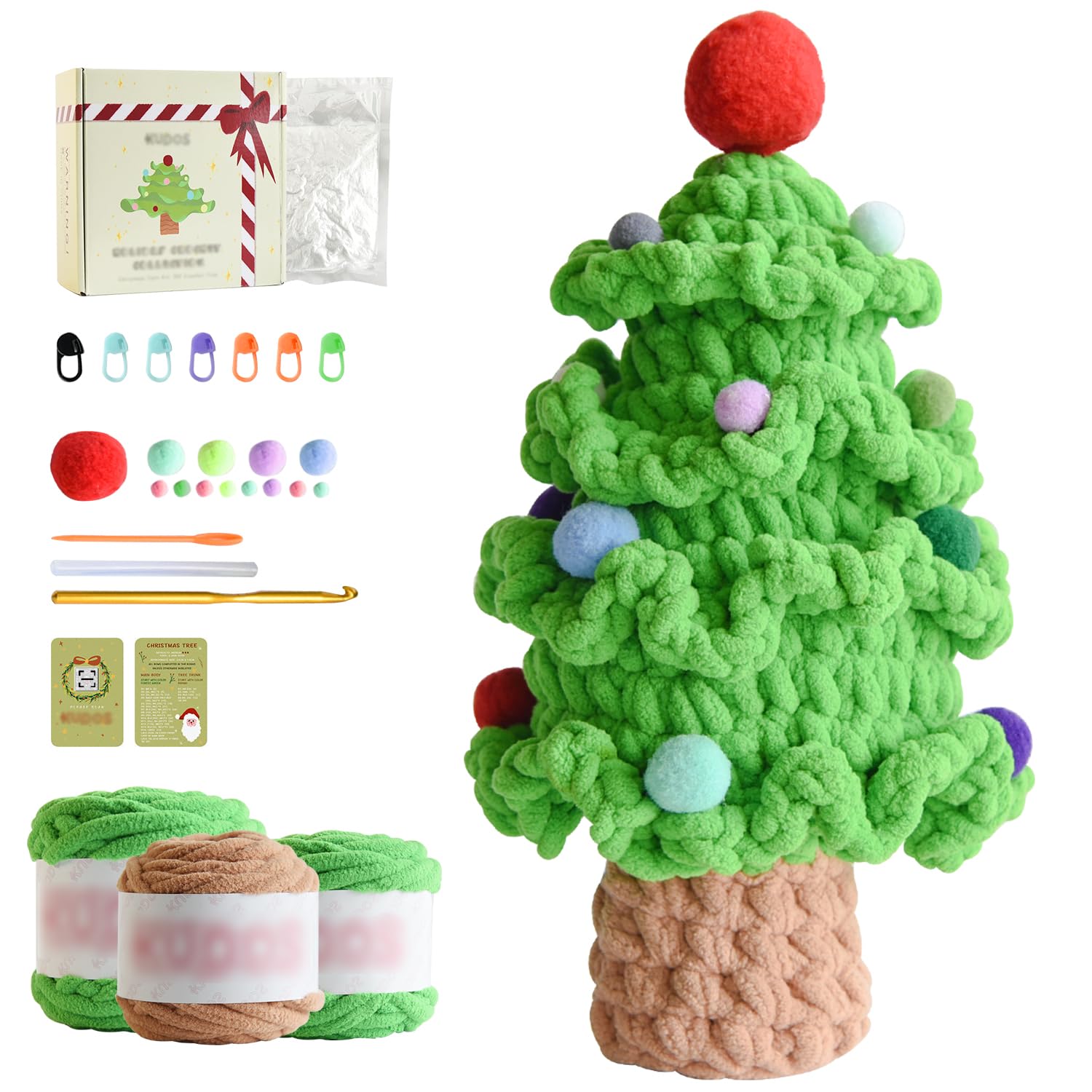 KUDOS Kit de ganchillo con todos los materiales, juego de ganchillo de árbol de Navidad para principiantes, kit de manualidades navideñas con hilo, gancho, cuentas e instrucciones (idioma español no