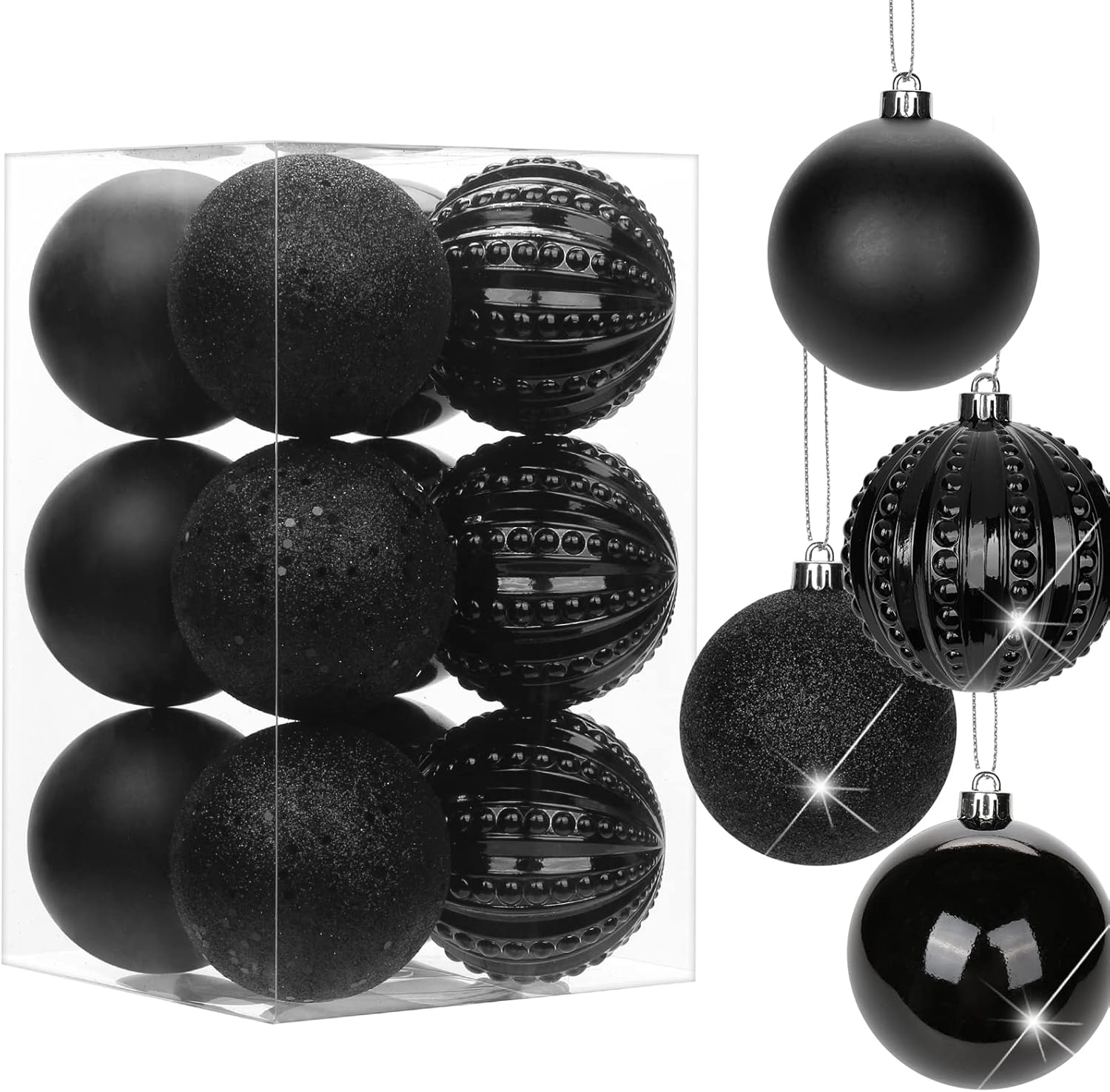 3.15" Black Christmas Balls Ornaments 12 Pcs Shatterproof
