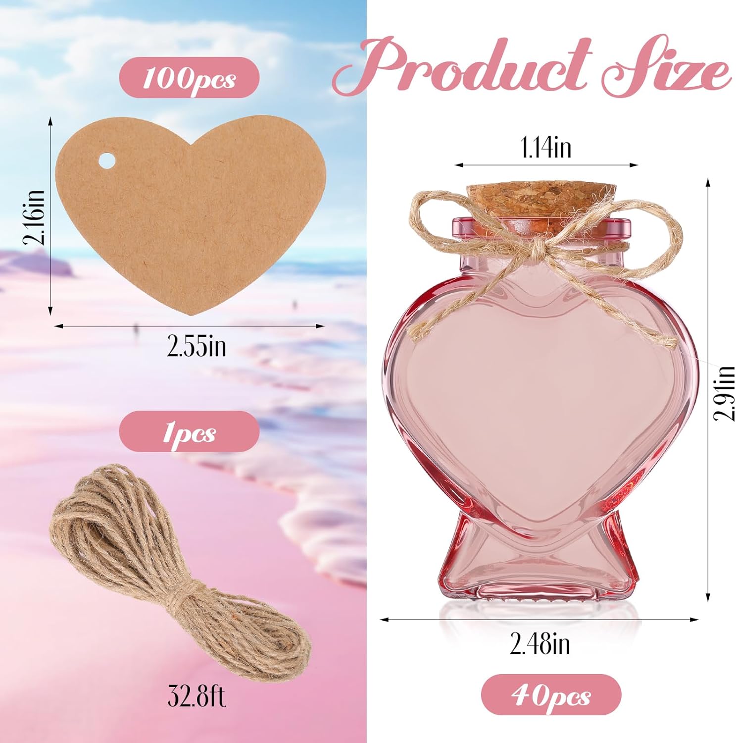 Zopeal 141 Pcs Heart Shaped Glass Jars, Honeymoon Sand Keepsake Jar with Cork Lids, Small Wish Bottles Bulk with Label Tags and String for Wedding Baby DIY Gift Shower Party Favor(Pink)