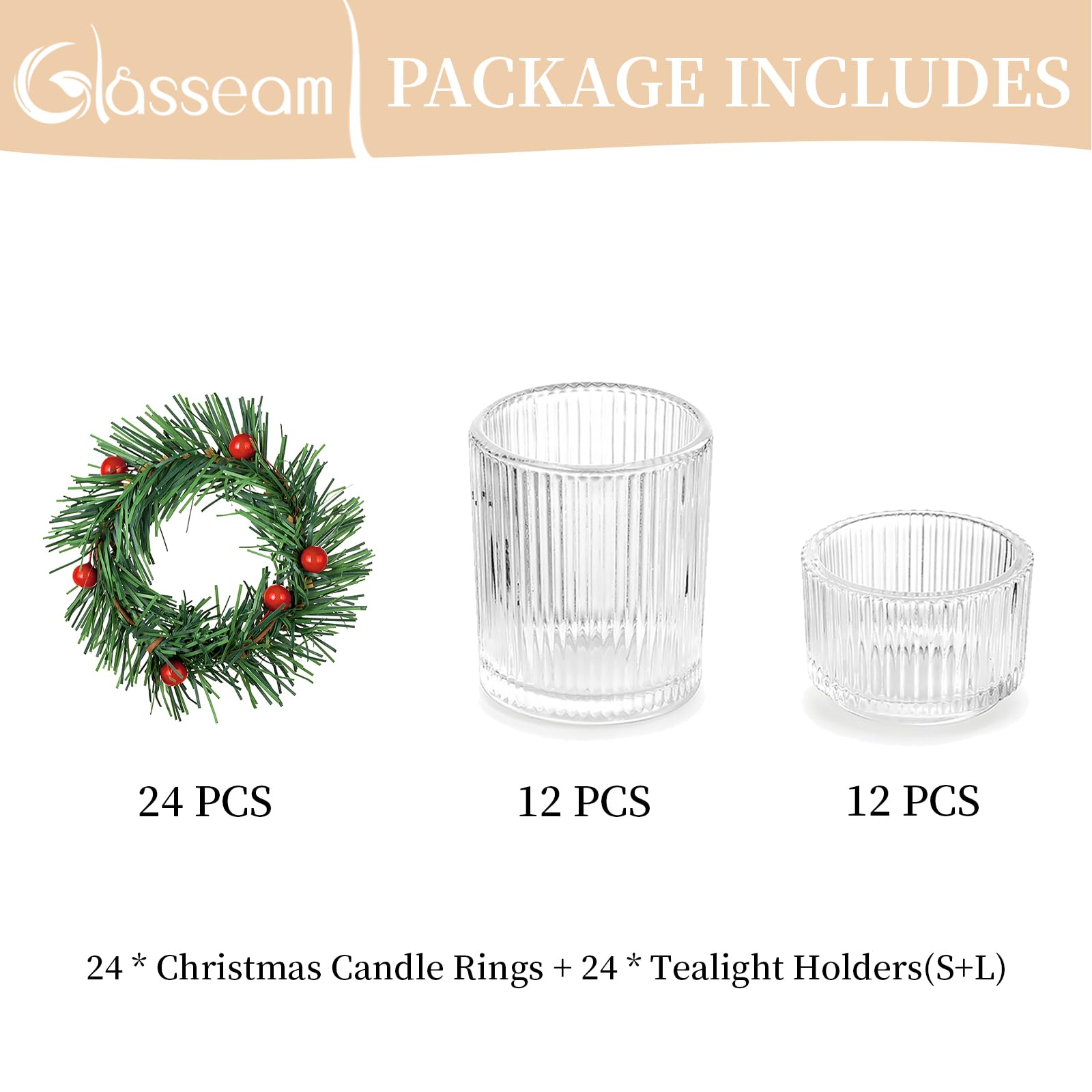 Glasseam Portavelas Votivas Con Anillos para Velas De Navidad: 24 Pequeños De Té A Granel, De Vidrio Acanalado Con Corona De Adviento, Decorativos para Centro De Mesa