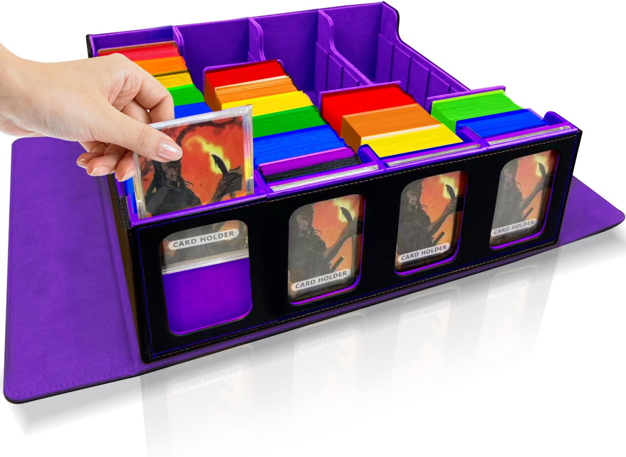 MTG Trading Card Storage Box Fits 3200+ Cards, Commander Deck Case, 4 Display Windows 10 Dividers 4 Movable Partitions, PU Leather Magnetic Closure, Magic/TCG/YuGiOh/Sport Cards (Purple)