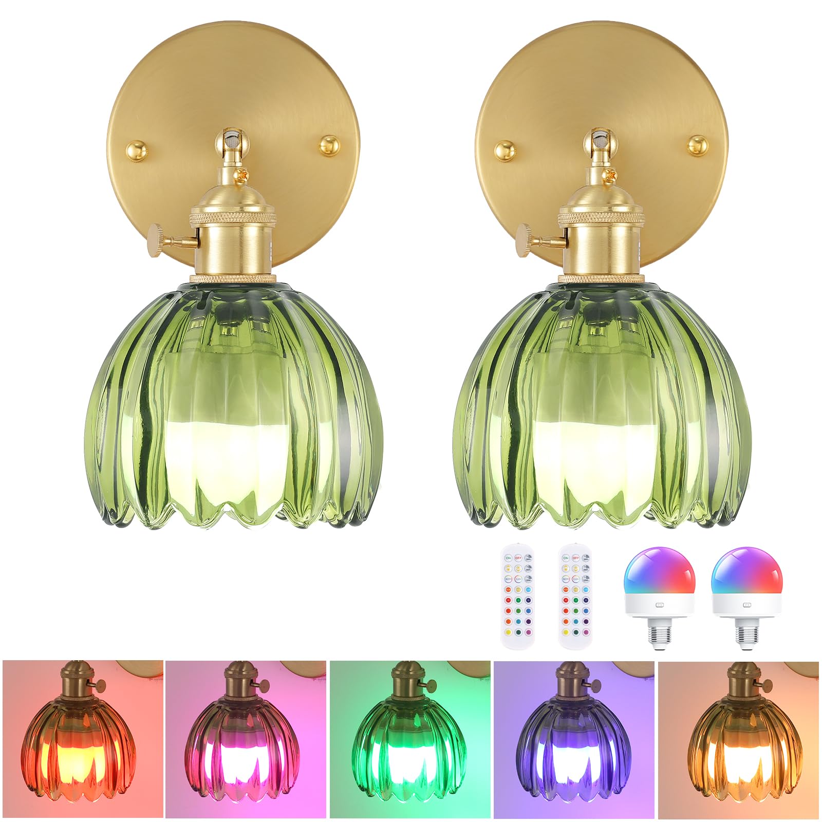 Set of 2 Battery Operated Wall Sconce, Rechargeable Wall Lamp with Remote Control & 12 RGB Colors - 3 Adjustable Color Temperatures, Dimmable Wireless Wall Lights for Bedroom Bathroom (Green Tulip)