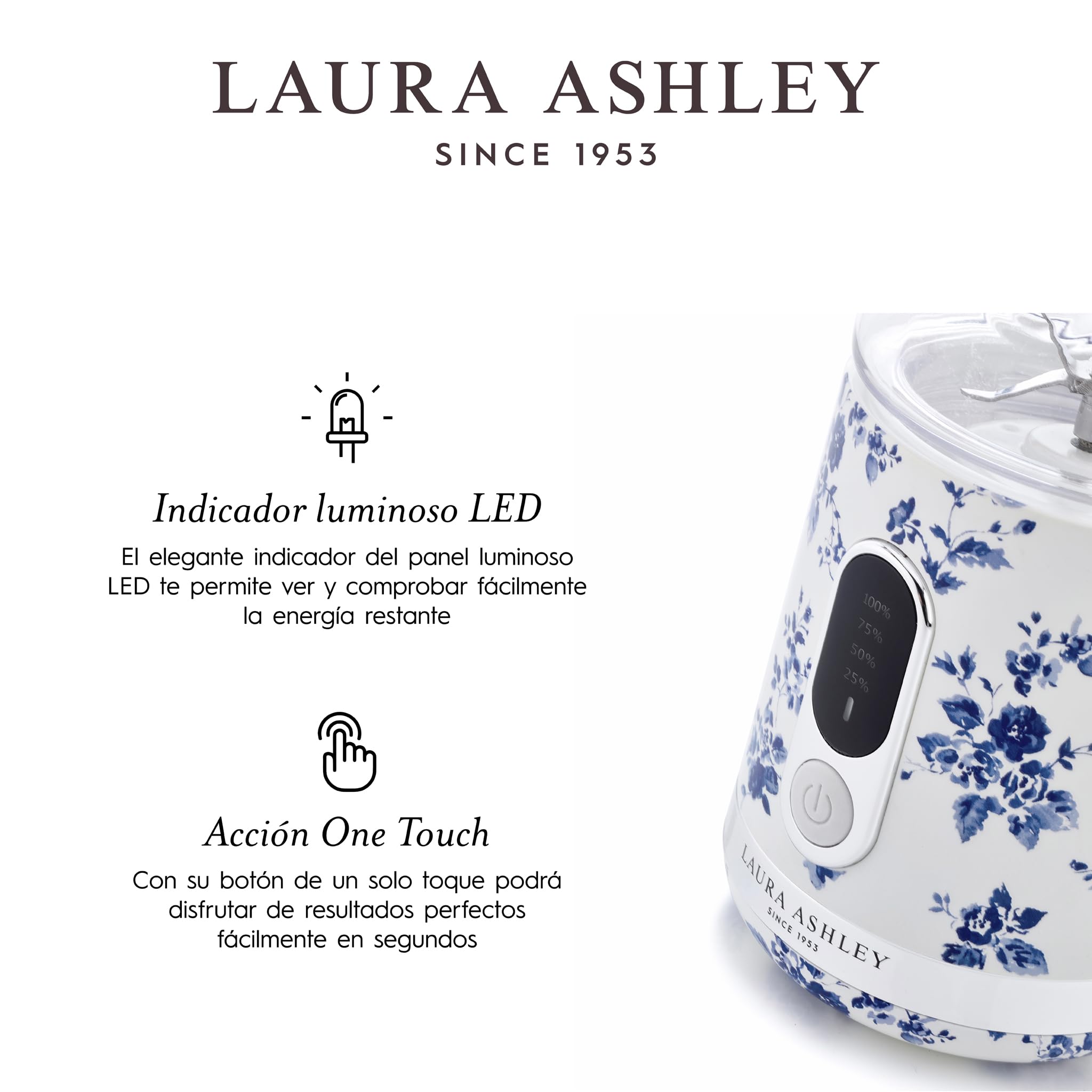 Laura Ashley China Rose Licuadora Portátil 450ml por VQ | Batidora USB Recargable Con Botella Licuadoras Para Zumos y Batidos Perfecta para Cocina Deporte Viajes y Oficina