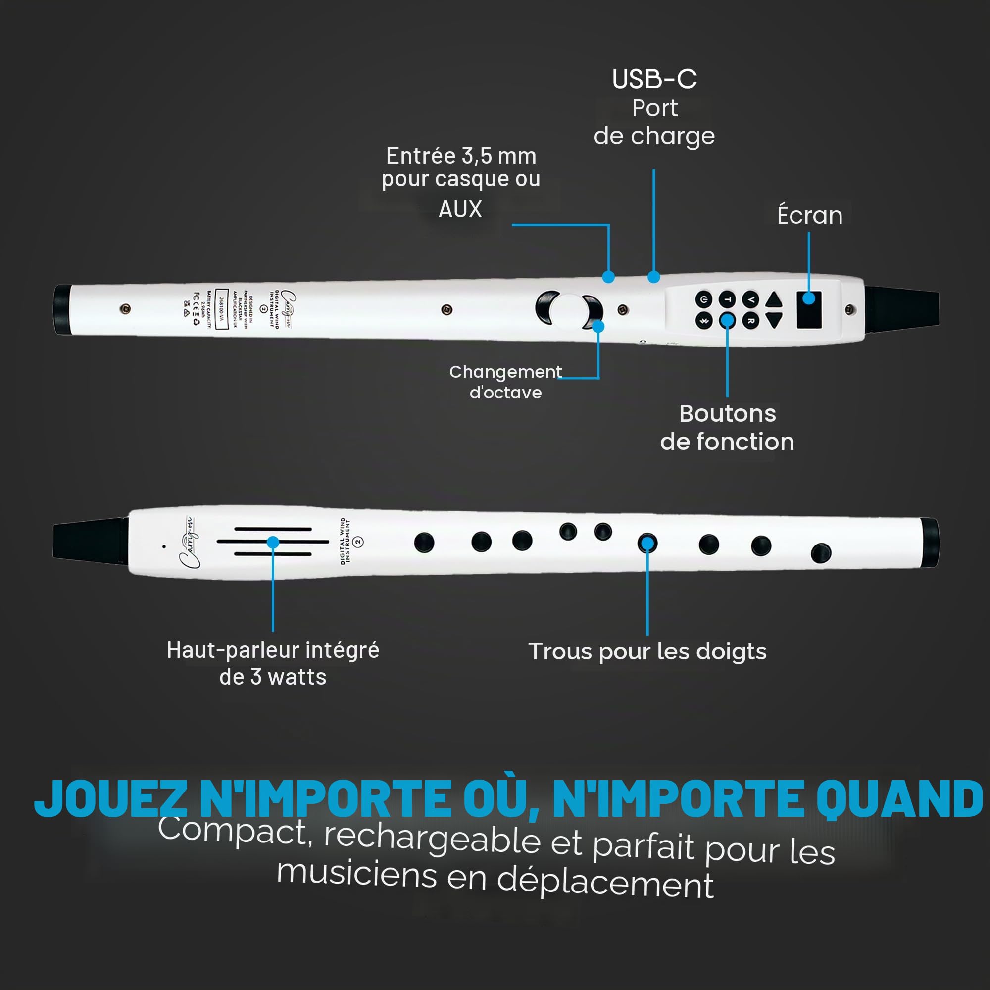 Carry-on Instrument à vent numérique 2 à 10 voix, batterie rechargeable USB intégrée, sortie casque pour une pratique silencieuse, enregistreur numérique Midi Over Bluetooth, blanc