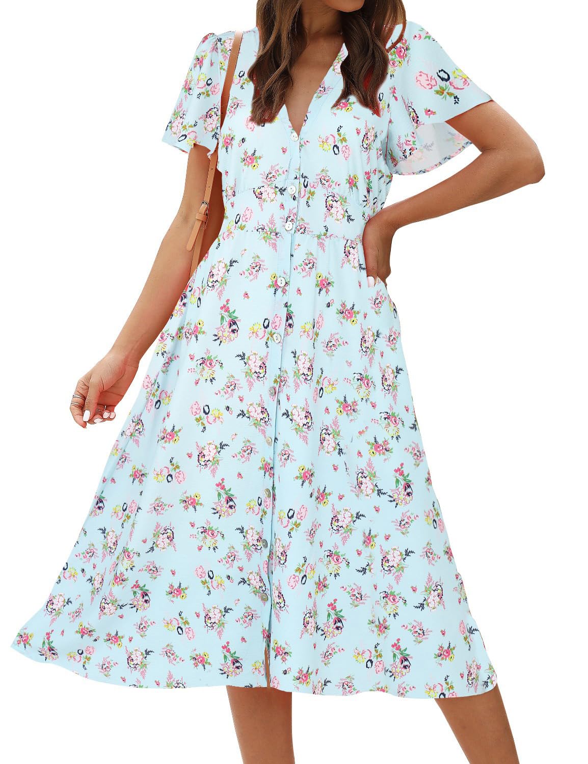 ROYLAMP Women's Floral Button Up Split Dress Deep V Short Bell Sleeve Casual Midi Dress with Pockets