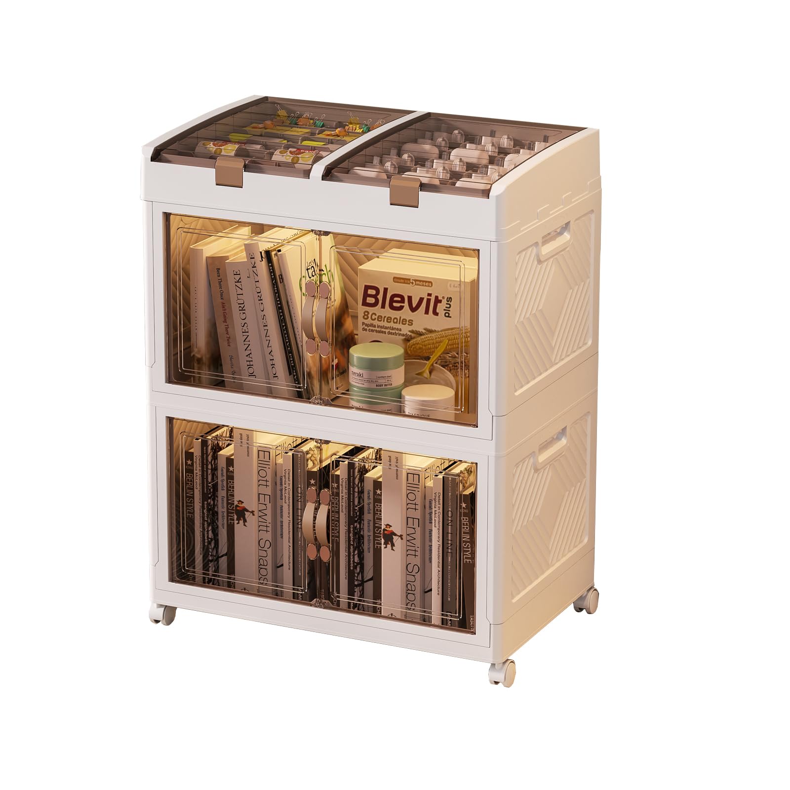 Scatola di stoccaggio in plastica con coperchio, organizer pieghevole da 72 l, unità di stoccaggio impilabile con ruote, scatole di stoccaggio con porta apribile per cucina, bagno interno ed esterno