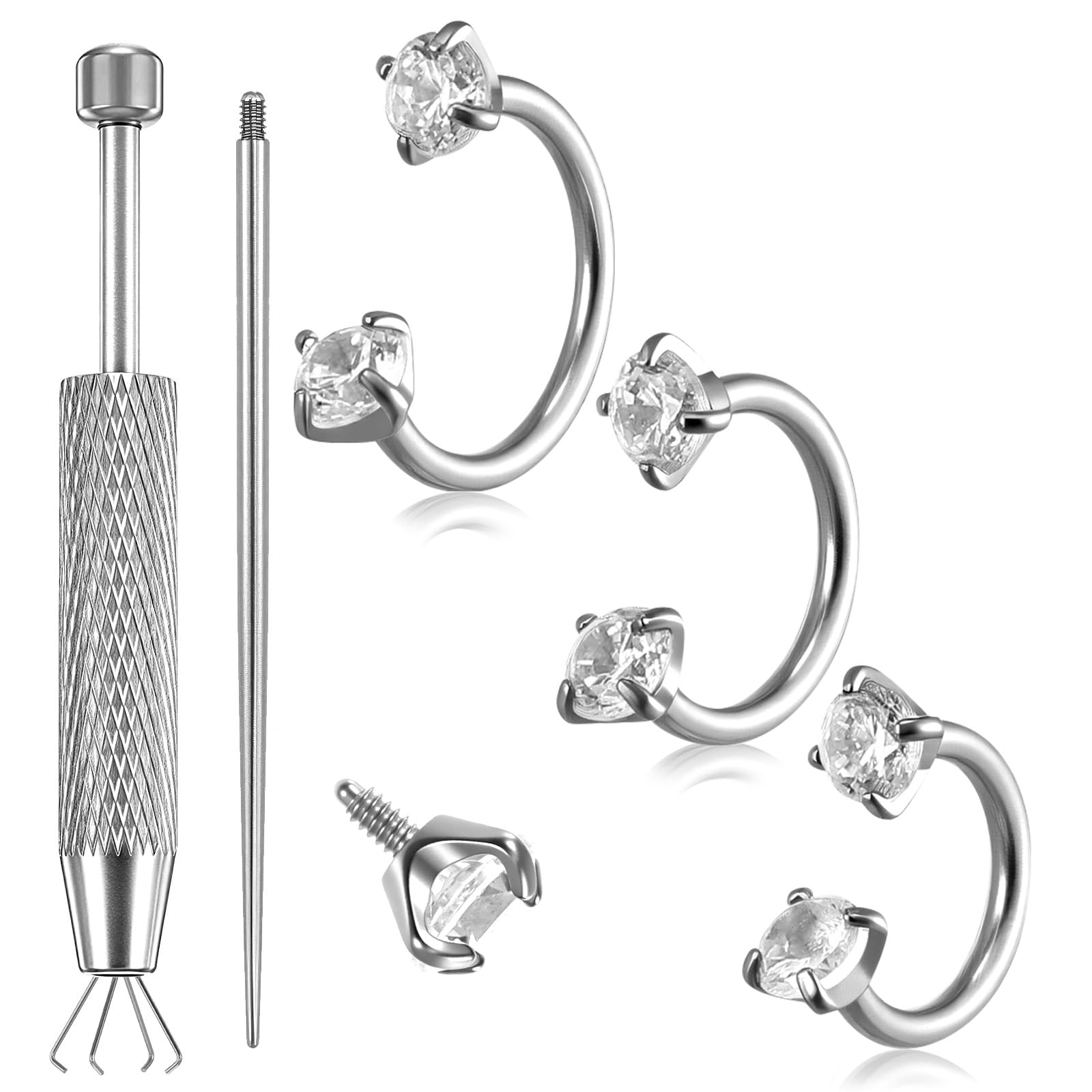 18 g kolczyk do nosa w kształcie podkowy, zestaw kolczyków do nosa, septum, 6 mm/7 mm/8 mm, tytanowy kolczyk do nosa, srebrny, z narzędziem chwytającym i igłą do piercingu z tyłu, helix