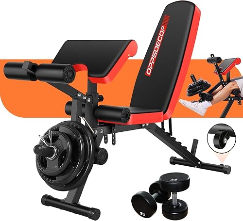 OPPSDECOR Adjustable Weight Bench with Leg Extension and Leg Curl, 800 LBS Heavy Duty Workout Bench for Home Gym, Preacher Curl Bench with Wheels,
