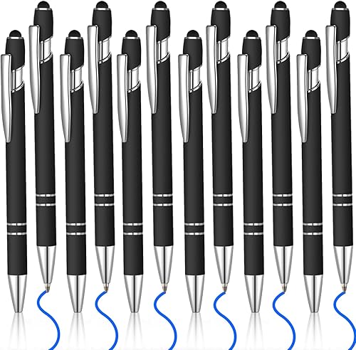 12 bolígrafos de tinta azul con punta de lápiz capacitivo, bolígrafo de metal de 0.039 pulgadas para pantallas táctiles, 2 en 1, regalo para amigos,