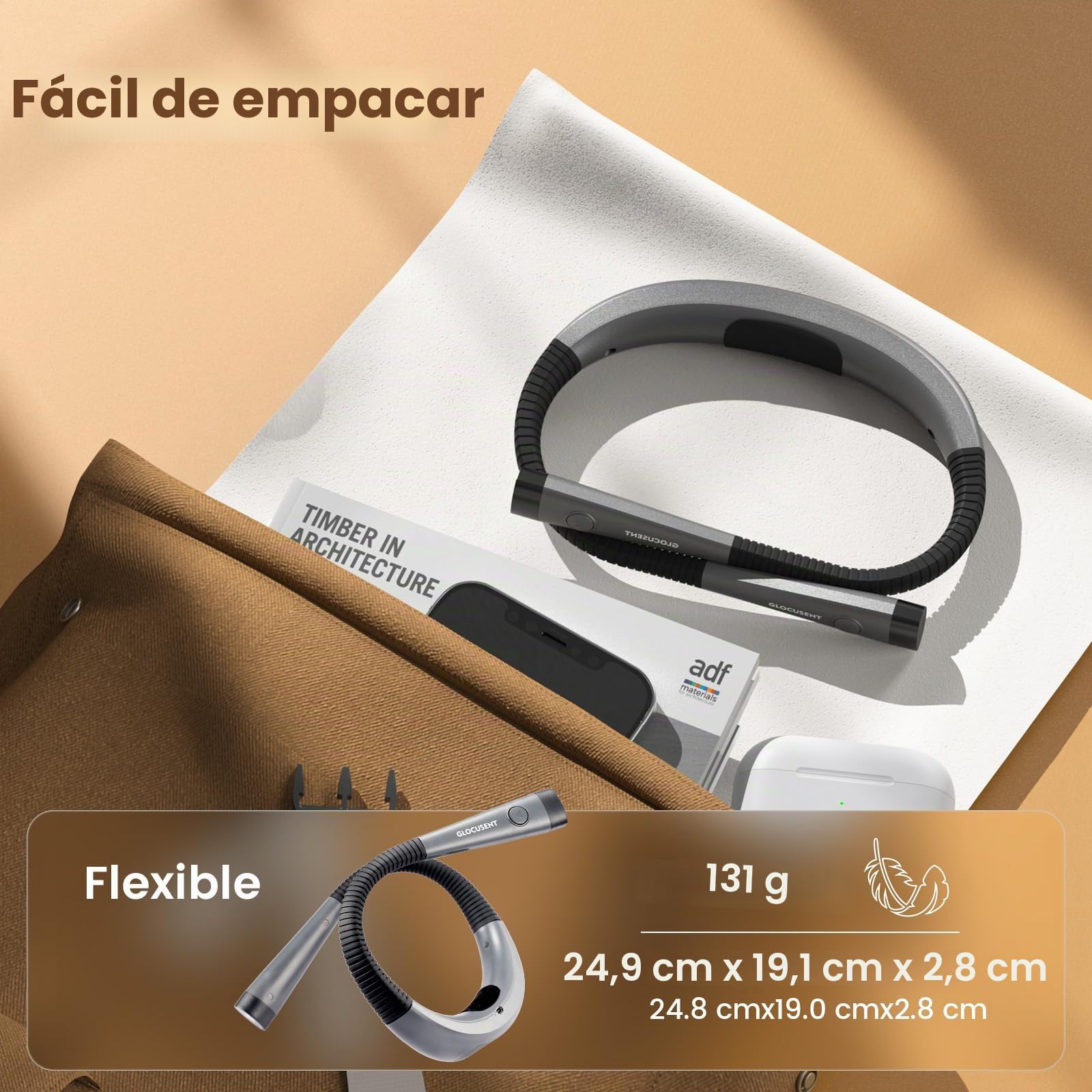 Glocusent Luz de Lectura, Lampara Libro de Lectura Recargable, 3 Colores, 6 Niveles de Iluminación, Brazos Flexibles, Larga Duración, Perfecto para Leer, Tejer, Acampar, Reparar
