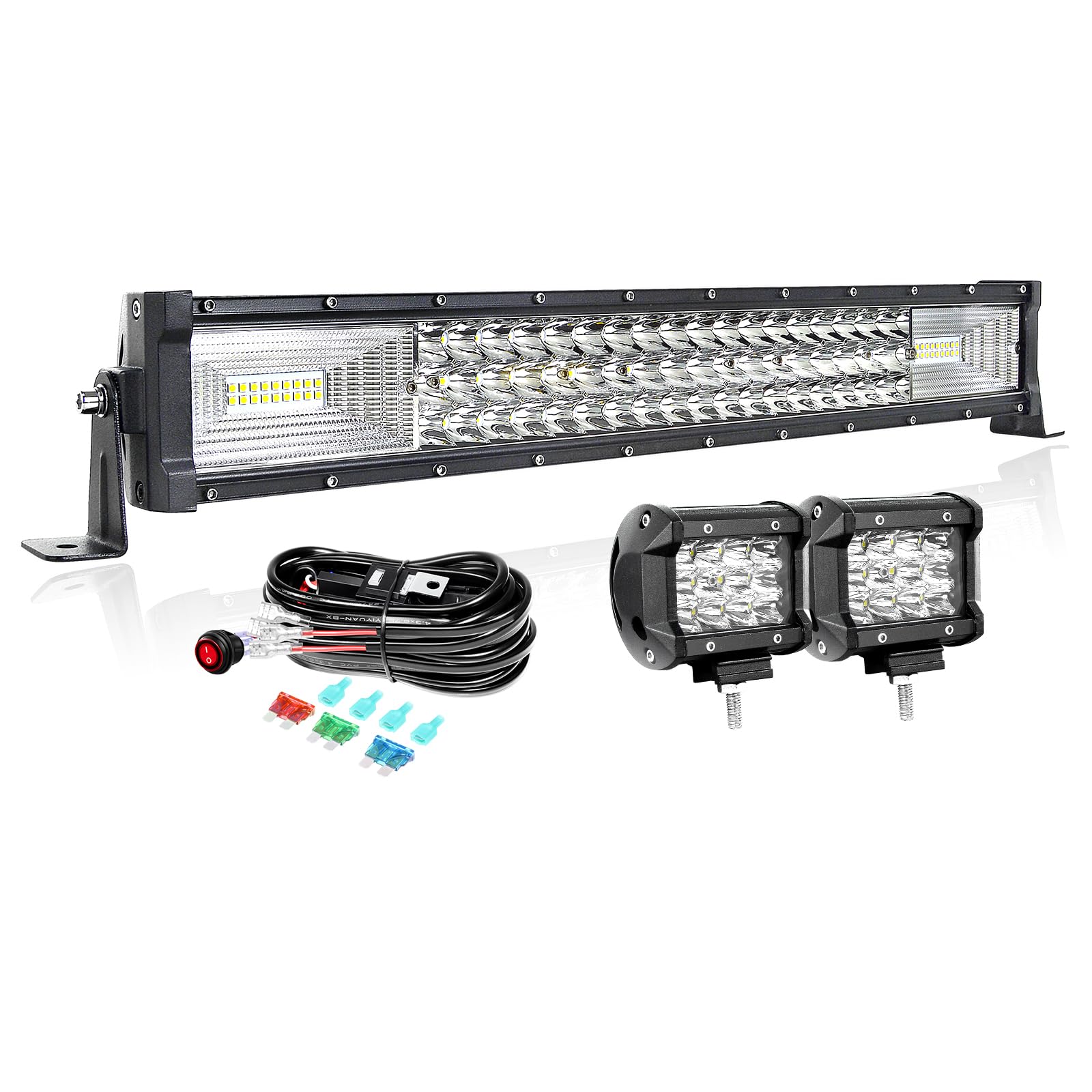 PICAA 22 Pulgadas 270W Barra de Luz LED con 2x 4 36W Faros de Trabajo e 12V Cableado Kit, 6000K Blanco Barras Luminosas Led Coche para Offroad, SUV, Camión, 4x4, ATV, Tractor