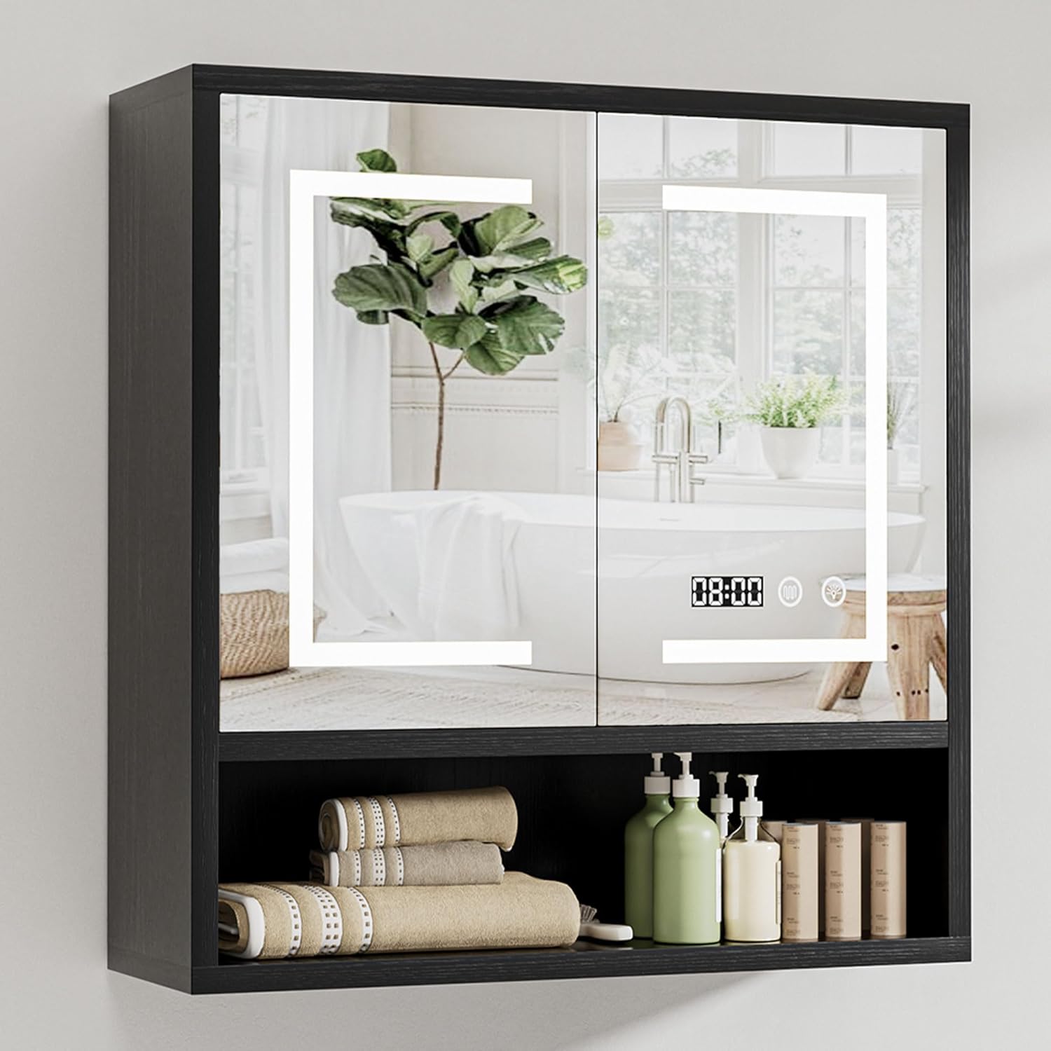 Bathroom Medicine Cabinet with Mirror, Lighted Storage Cabinet Wall Mounted with Doors & Adjustable Wood Shelf, Modern Bathroom Mirror with LED Lights Defogger for Makeup Laundry/Living Room, Black