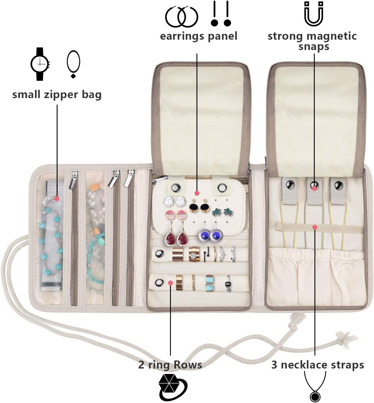 Teamoy Travel Jewelry Roll, Jewelry Storage Bag Organizer for Necklaces, Earrings, Bracelets, Rings, Brooches and More, Compact and Easy to Carry, Plum Flowers - Image 4