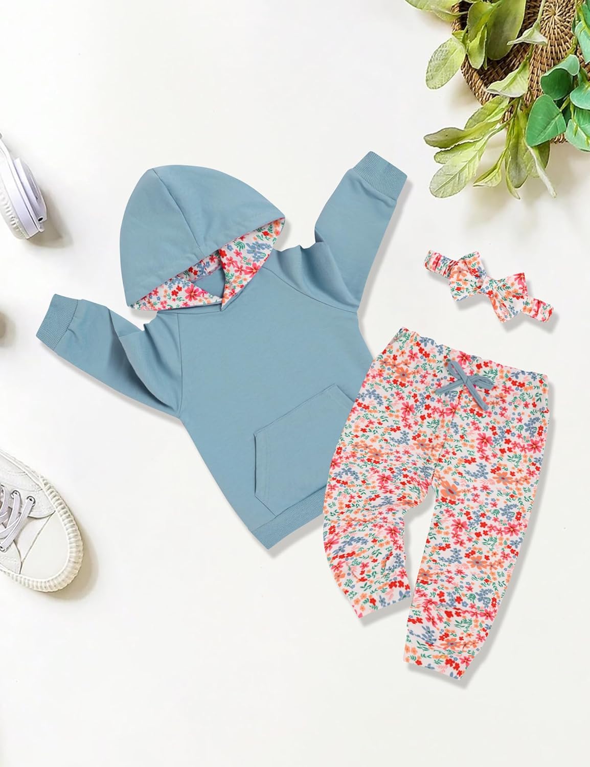 oklady Baby Girl Clothes,Hoodie Tops Floral Pant with Cute Headband Baby Girl Fall Outfits 12-18 Months Solid Pocket & Patterning Blue-little Flower image 2 of 8 B0FDV9W2QW