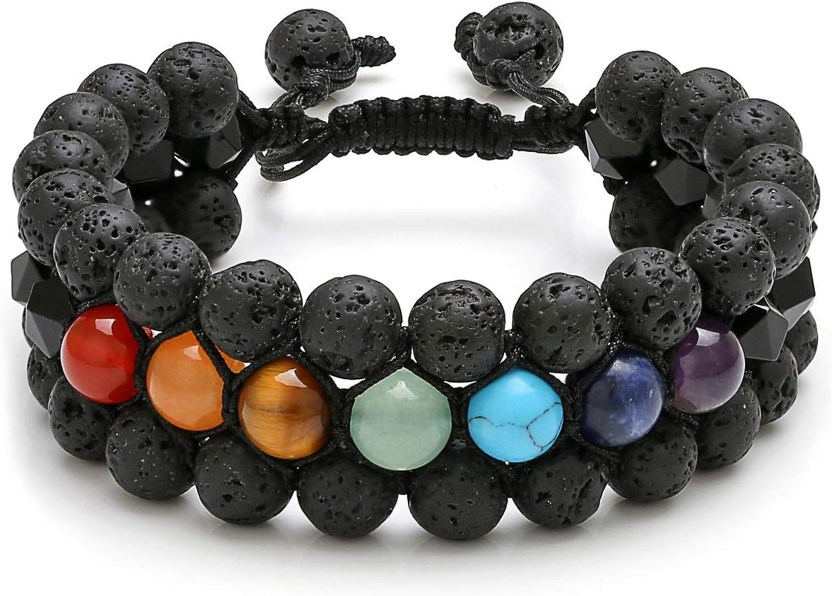 Top PlazaMens Lava Rock Stone Essential Oil Diffuser Bracelet Chakra Yoga Healing Crystal Bracelet Natural Gemstone Beads Anxiety Bracelets Braided - 3 Layer