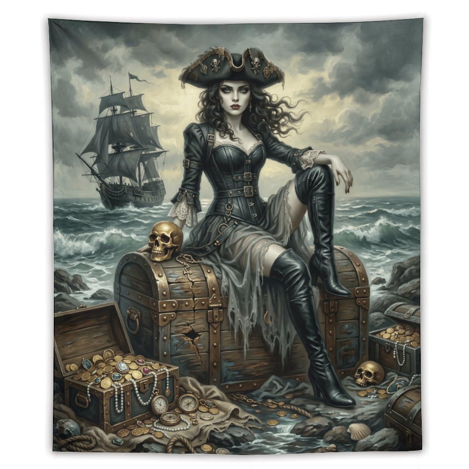 H3B8U2Y5 Pirate Queen Seaside Treasure Wall Tapestry, Dorm Room