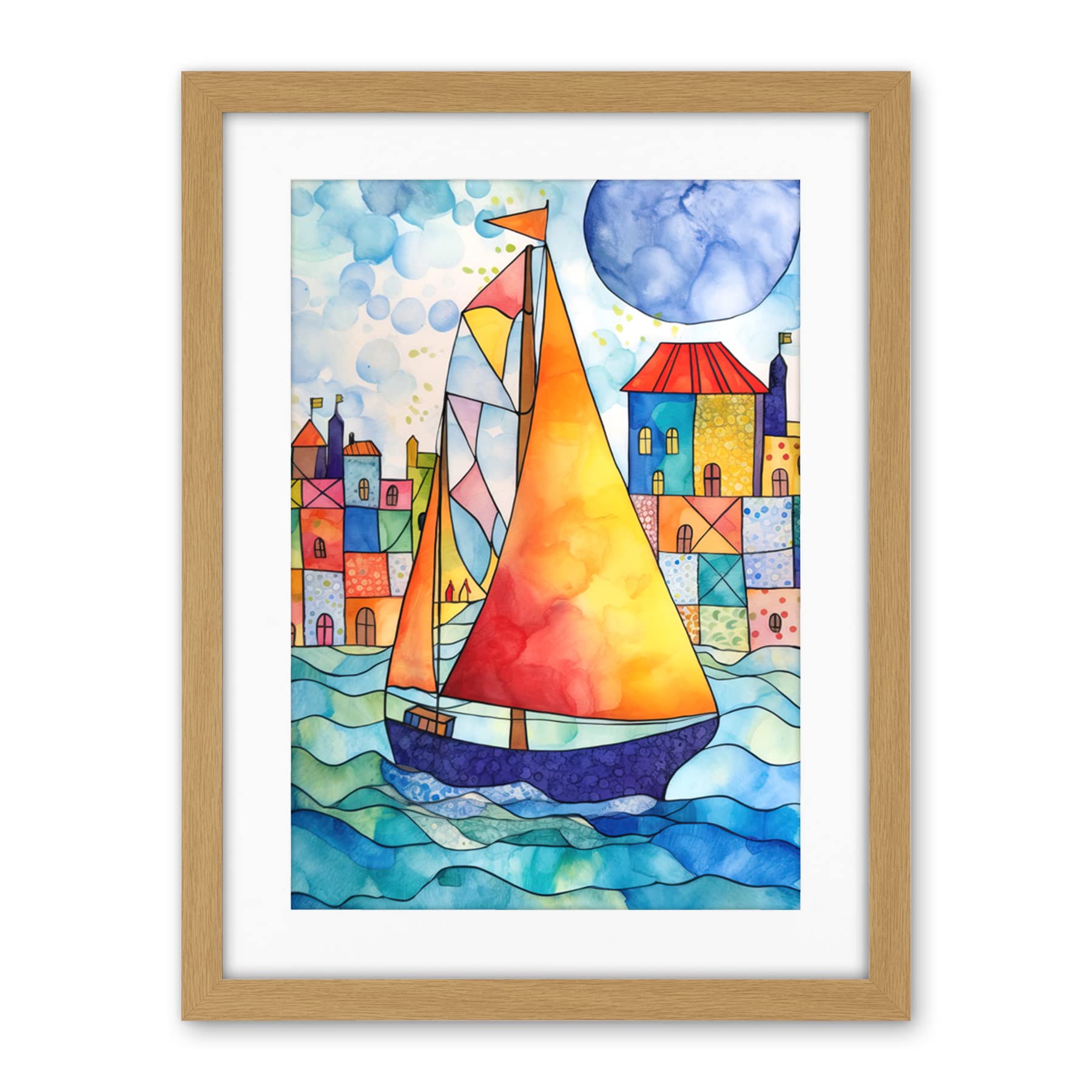 Artery8 Sailboat By Harbour Folk Art Artwork Framed Wall Art Print 18X24 Inch