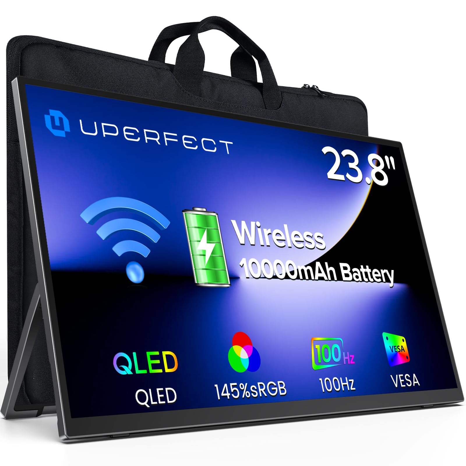 UPERFECT Monitor Móvil Inalámbrico con Batería 10000mAh, 23,8" 100Hz Monitor Gaming Portátil 1080P FHD 145%sRGB QLED con Soporte, Bolsa & VESA, Gran Segunda Pantalla para Laptop, PC, Consolas de Juego Etiqueta Energética