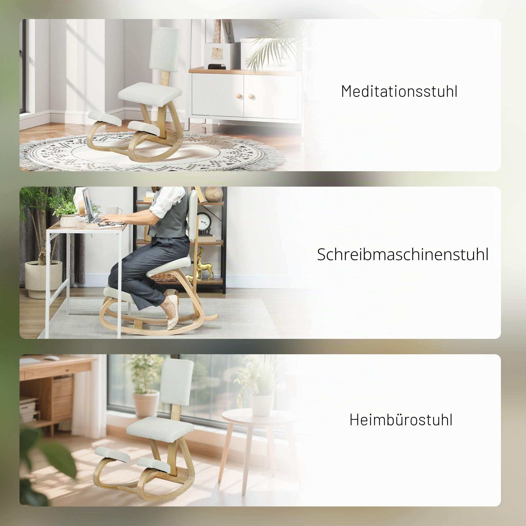 HOMCOM Ergonomischer Kniestuhl mit Rückenlehne, Sitz, Kniesitz mit Wippe, ergonomischer Hocker aus Holz, orthopädischer Bürohocker, Haltungskorrektor, lindert Rückenschmerzen, Creme