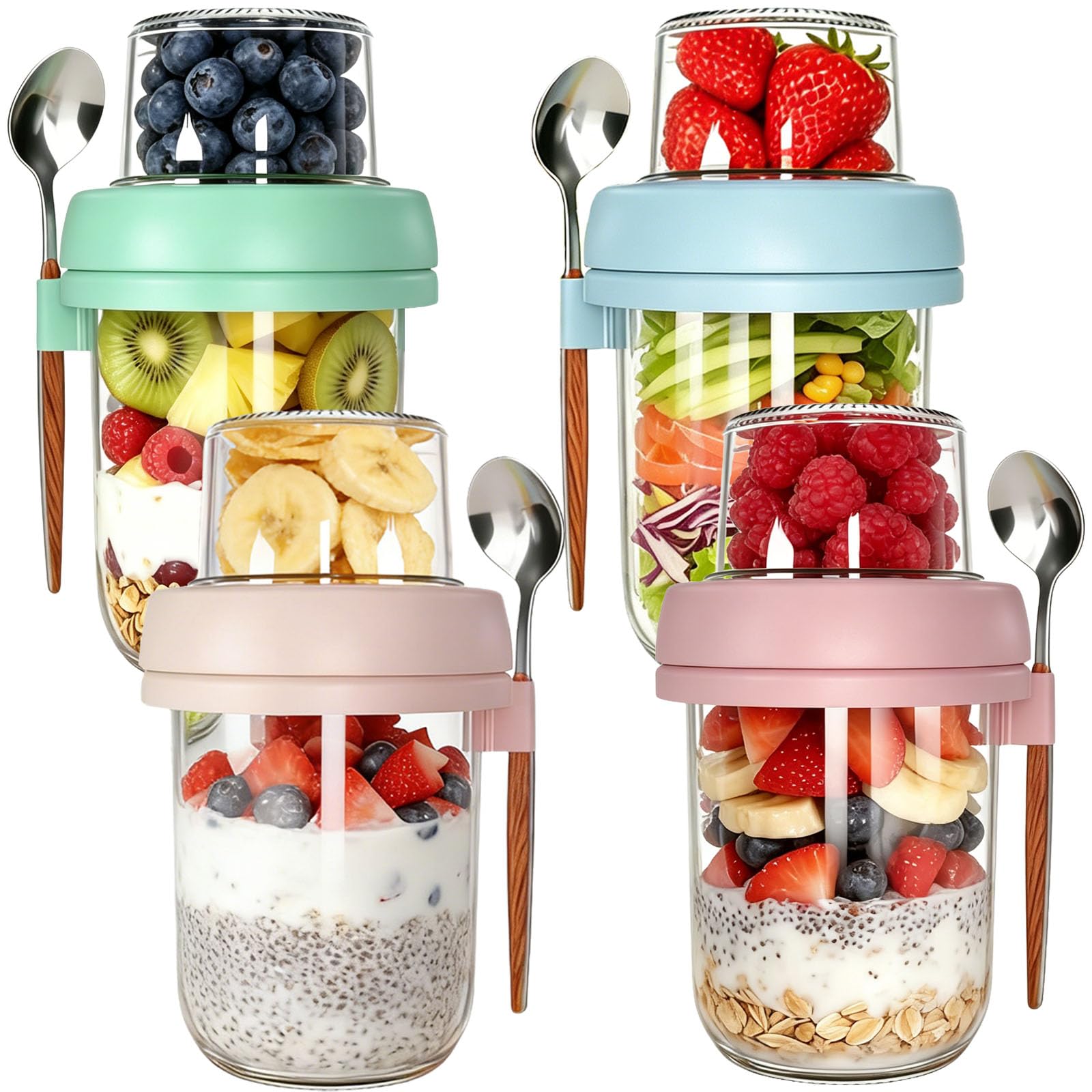LXTaoler 4Pcs Overnight Oats Jar with Lid & Spoon, 20oz, Dual-Layer