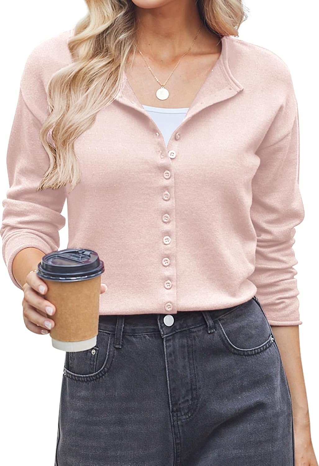 Women Crop Knit Cardigan Lightweight Crewneck Button Up Sweater Fitted Short Cardigans Layering Top - Image 2