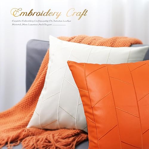 Miniatura 5 de BRAWARM Fundas de almohada de piel sintética de 18 x 18 pulgadas, fundas de almohada de cuero naranja, paquete de 2, almohadas decorativas de cuero