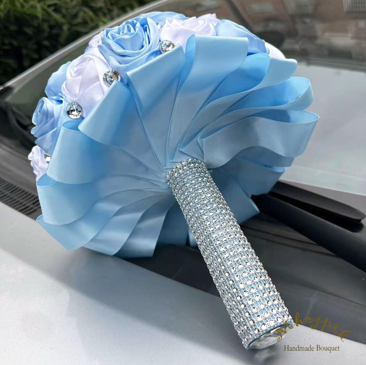 7.5" Light Blue & White Bridal Wedding Bouquet Round Holding Bouquet Throw Toss Artificial Rose Flower Bunch for Bride Bridesmaid Wedding Quinceanera