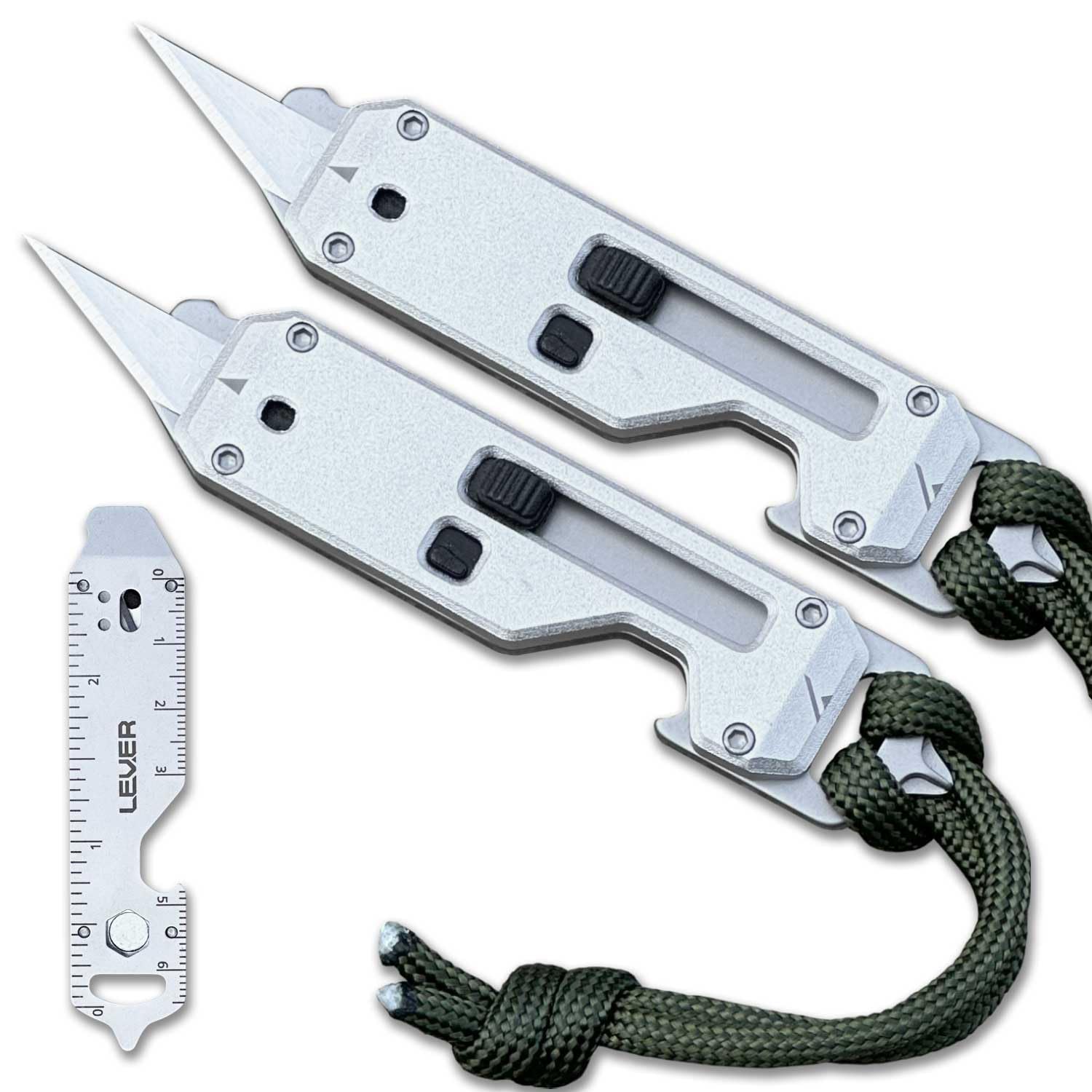 Lever Gear Edge XT - Mini Utility Knife Keychain Multitool w/ 10 Tools - Retractable Razor Blade Mini Box Cutter OTF Knife - Small EDC Pocket Knives For Men Gift (Silver 2 Pack)