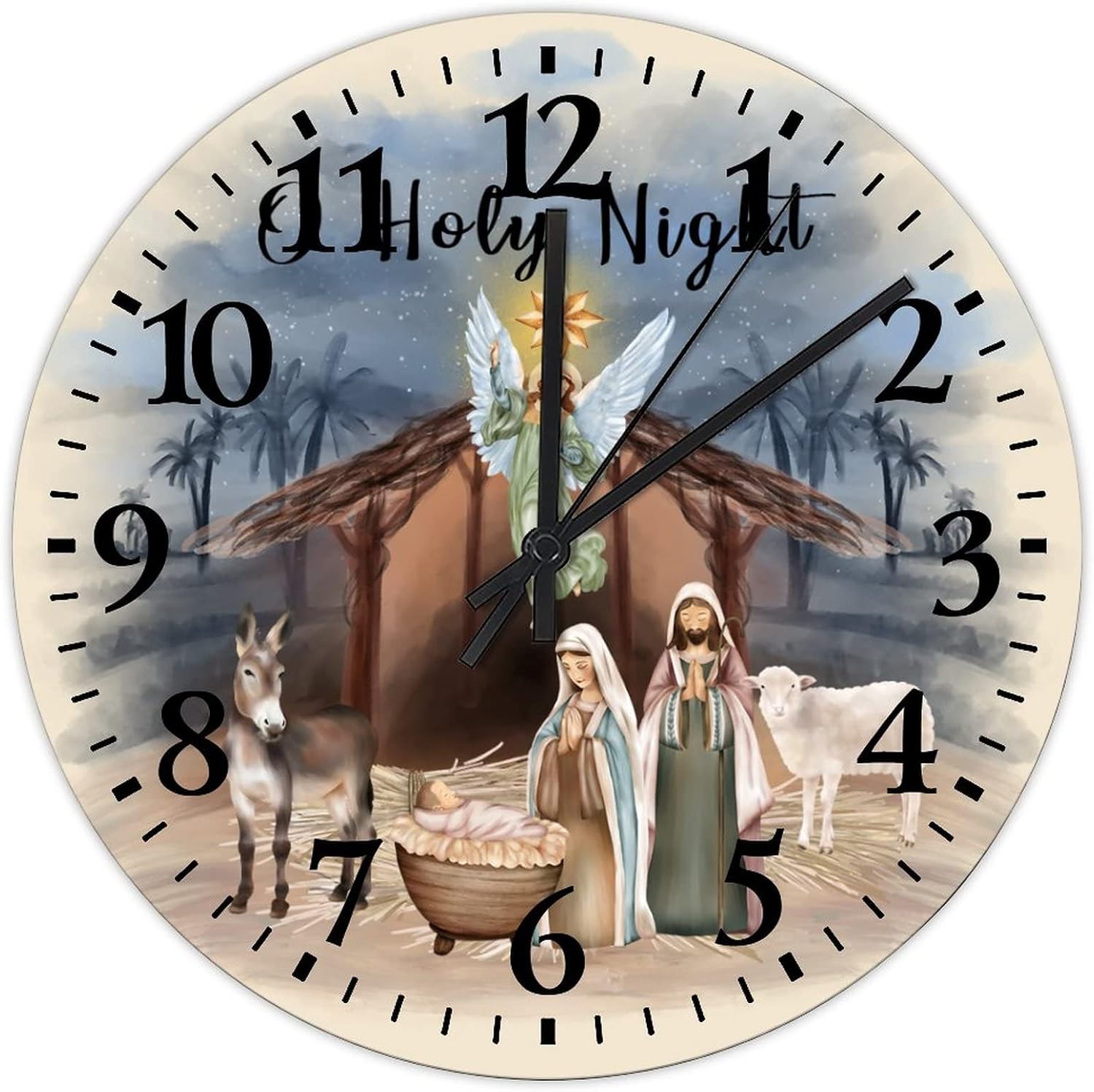 Birth of Jesus Wood Clock 15 Inch, As A Gifts for Kids Wall Clock Modern Battery Operated Quartz Quiet Round Arabic Numbers Clock for Living Room Office