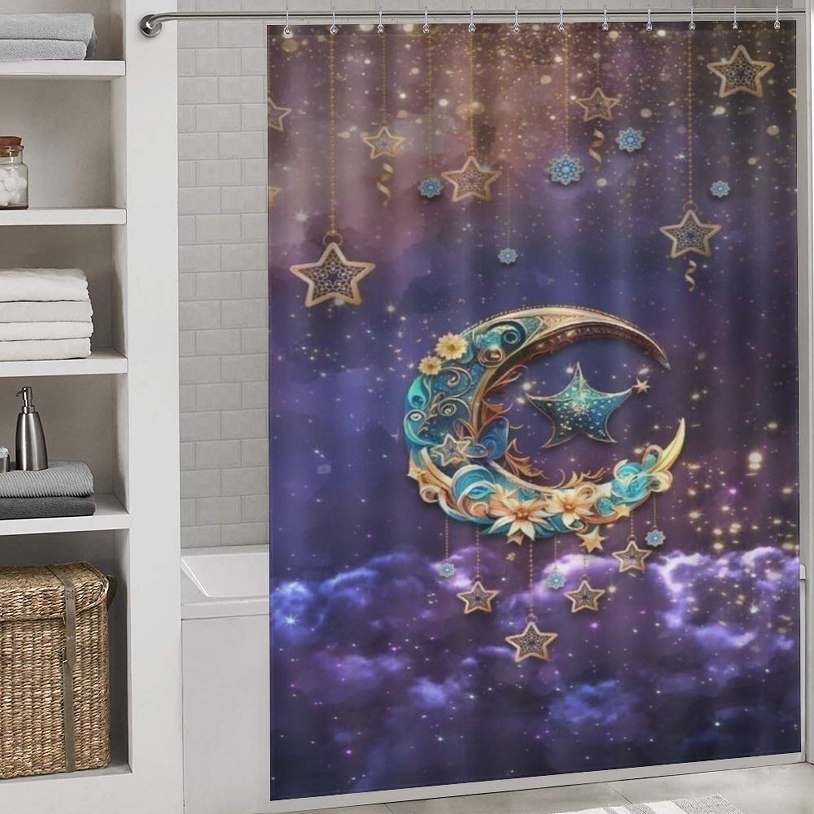 Rideau de douche lune et étoiles polyester pour une ambiance zen