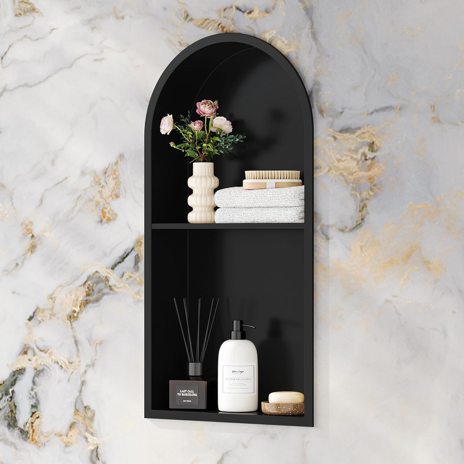 Stainless Steel Shower Niche 12" X 24", No Tile Needed Arched Niche Double Shelves, Recessed Wall Niche Arched for Shower Wall, Matte Black Matte Black 12X24"