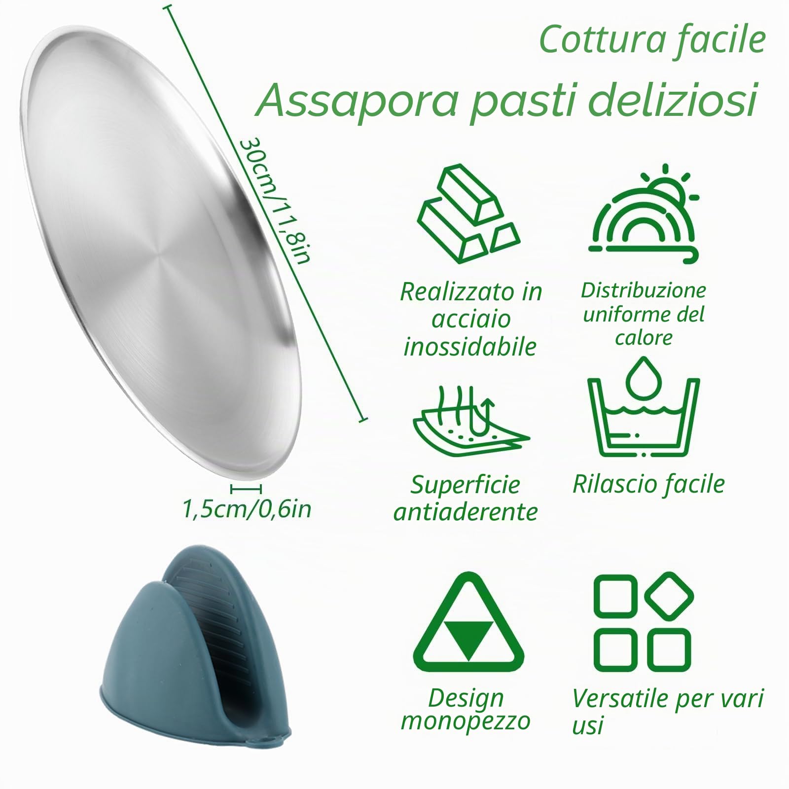 YAYODS Set di 8 Teglie per Pizza Ø 30 cm in Acciaio Inox, Piatti per Pizza Antiruggine e Senza Rivestimento, Resistenti al Calore per Forno e Griglia, Include 2 Presine in Silicone Antiscivolo