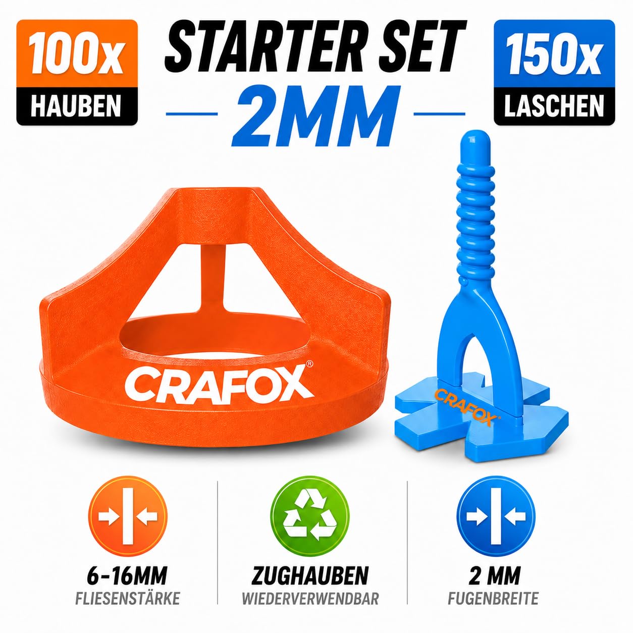CRAFOX® Sistema de Nivelación de Azulejos 2mm SET | 150x Clips de Nivelación & 100x Tapas de Tracción Reutilizables | 250 Piezas | Herramientas para Alicatado | Niveladores de Azulejos 2mm
