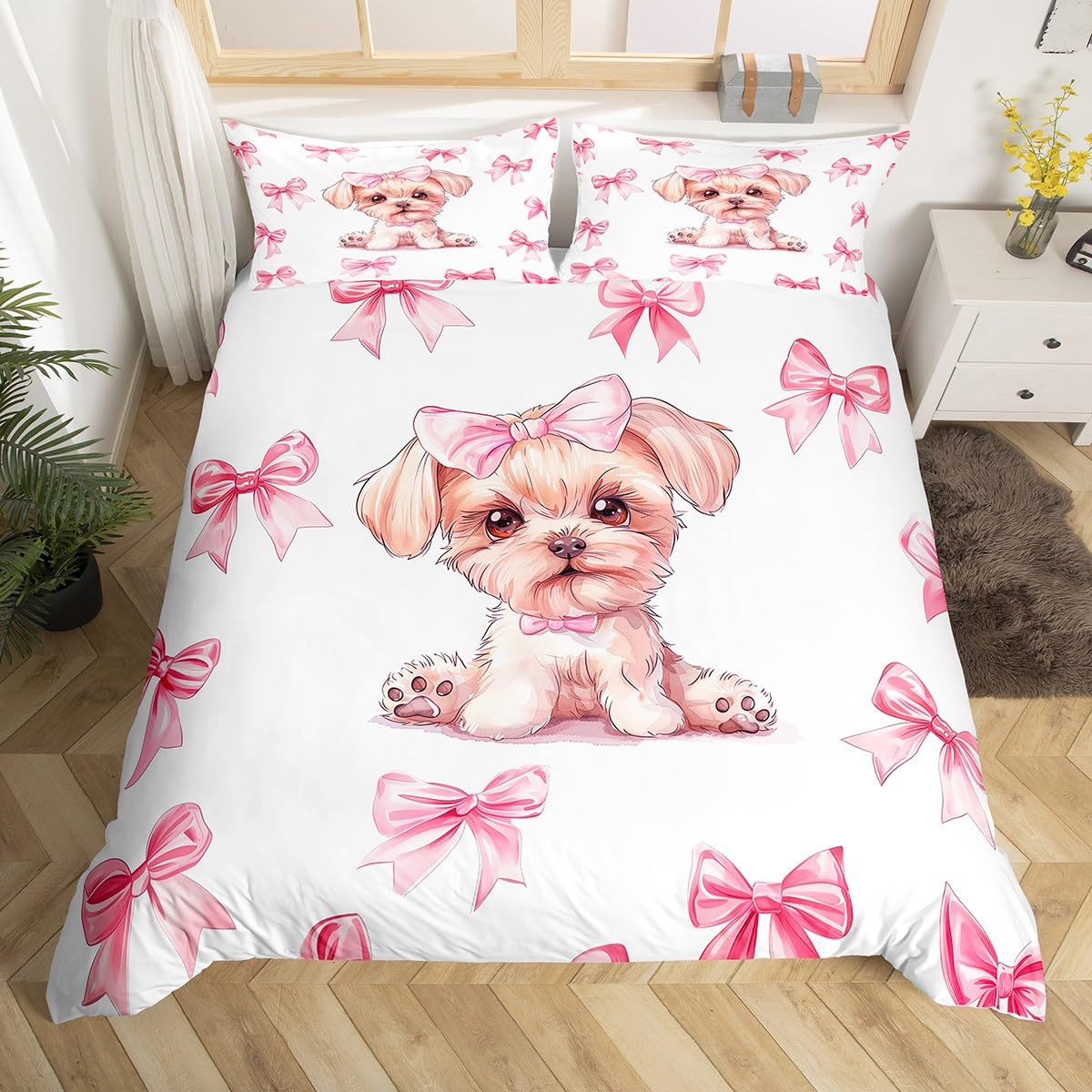 Homewish Cute Cartoon Dog Duvet Cover Set Single Size with 1 Pillowcase - Pink Kawaii Bowknot Bedding for Kids Girls Teens - Dreamy Princess Bow Quilt Cover Lovely Ribbon Bow Bed Set