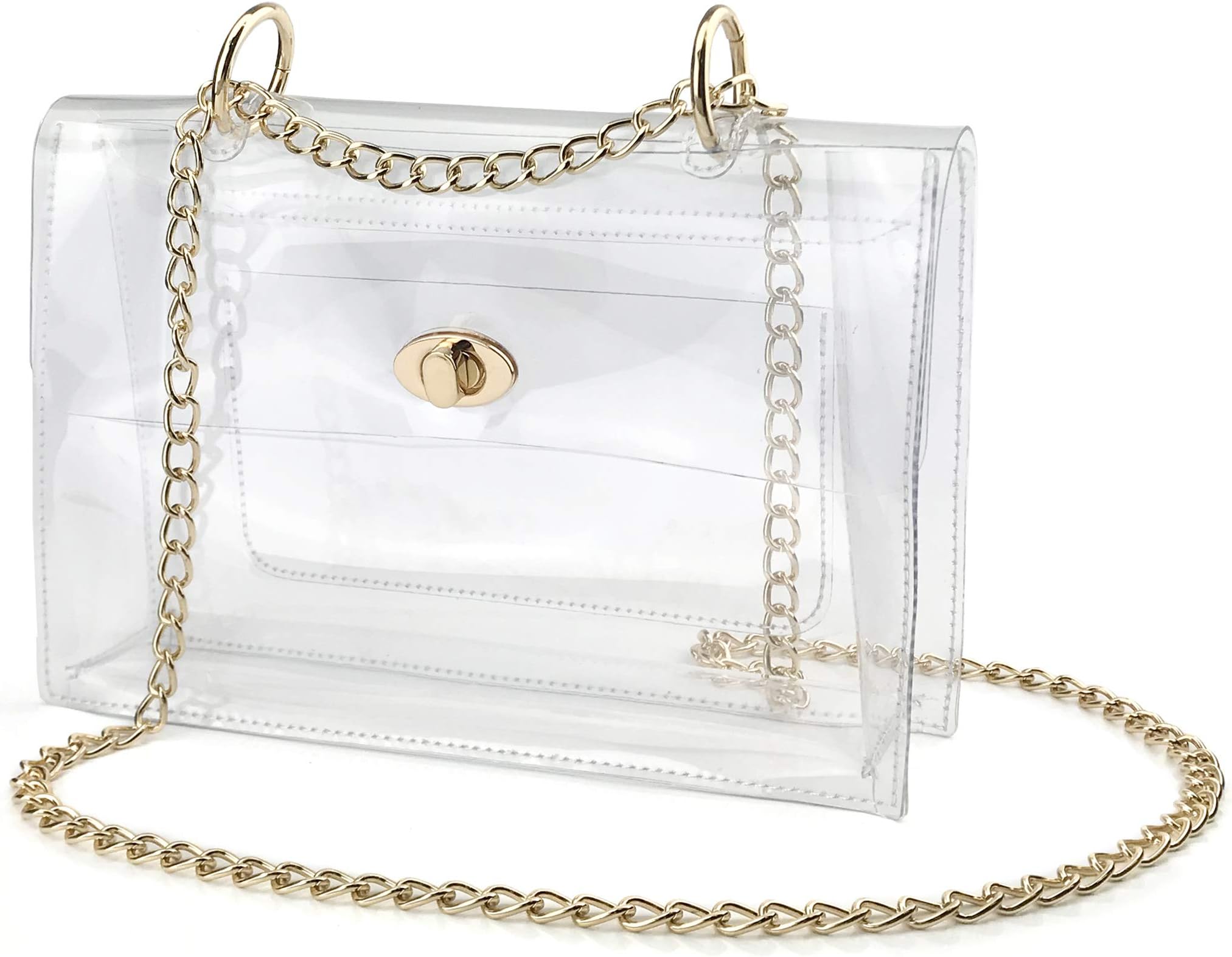 HOXISWomen Clear Flap Top Chain Shoulder Handbag with Turn Lock Minimalist Messenger Purse for Stadium Approved