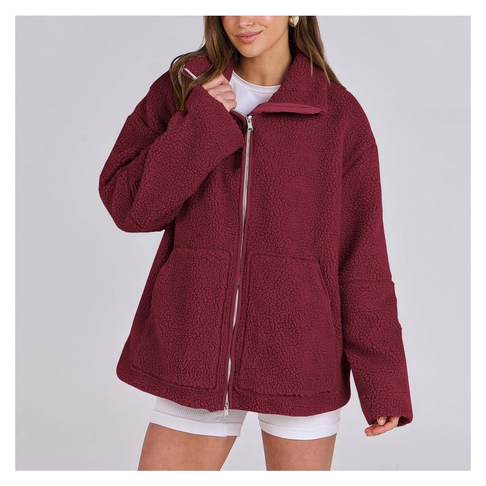 Teddy Jacket Femme Hiver Teddy Veste Polaire Double Curseur Zip Veste D'hiver Loisirs Extérieur Manteau Polaire Manteau D'hiver Thermique Teddy Revers Uni Veste S-XXL