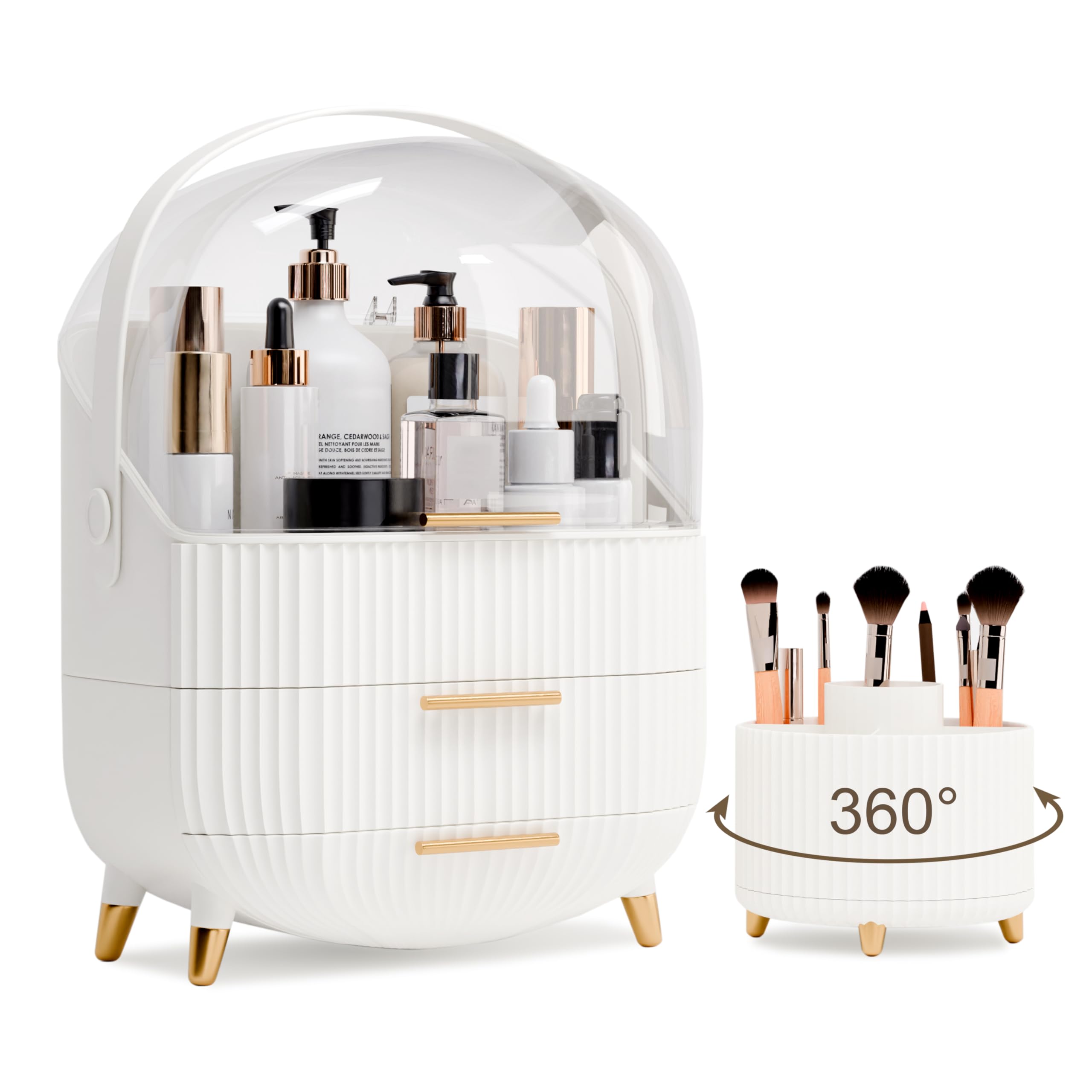 Condition photo showing New/Like New for Makeup Organizers and Storage Make up Organizer for Vanity Cosmetics Skincare With Lid and Drawers Display Cases for Countertop Bathroom Women Teenager Girl Gifts(White+Brush Holder)