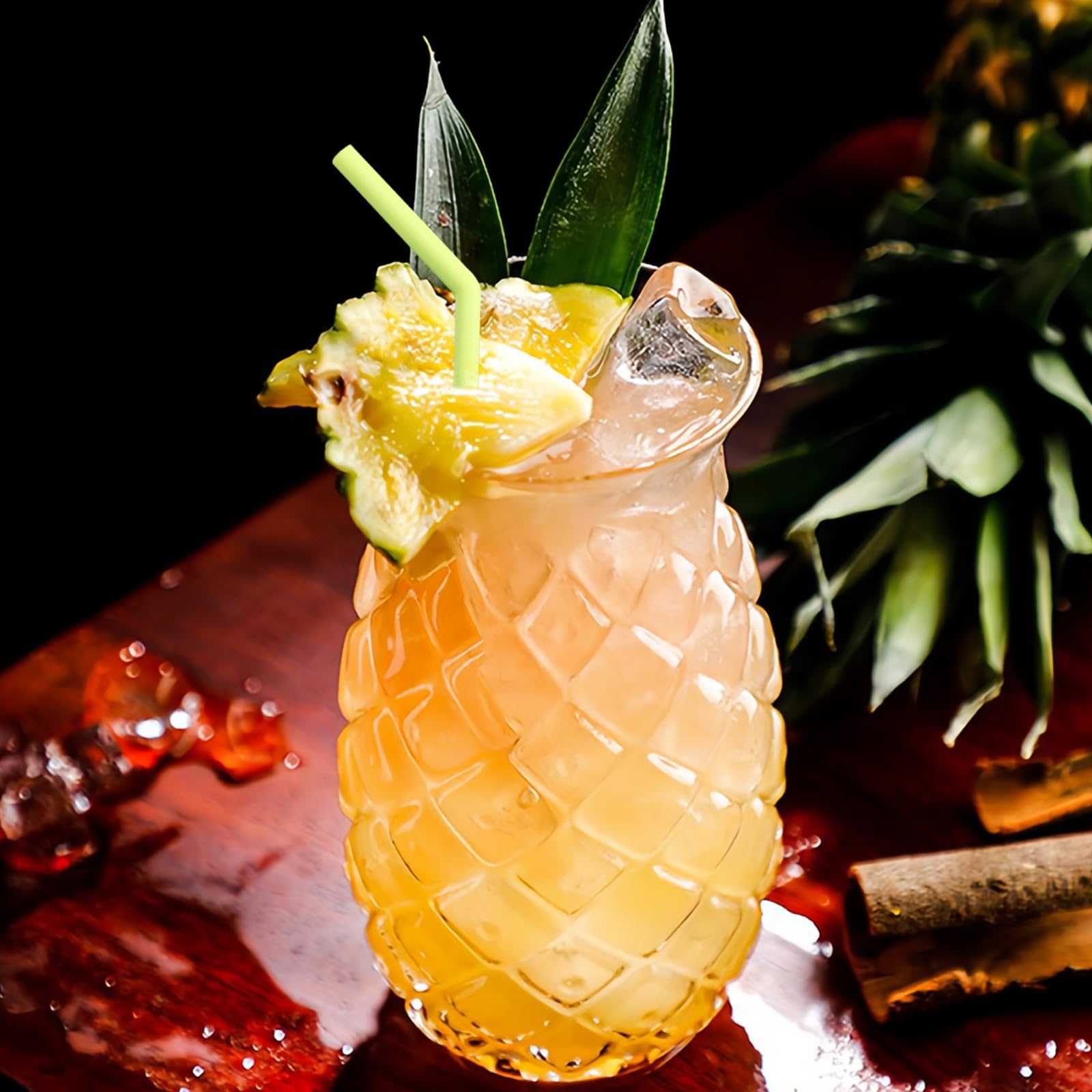 Set di 4 bicchieri di ananas: 400 ml, trasparenti da cocktail con rilievo di ananas, riutilizzabili, bicchieri da festa con 4 cannucce + spazzole di paglia, bicchieri di succo, bicchieri da