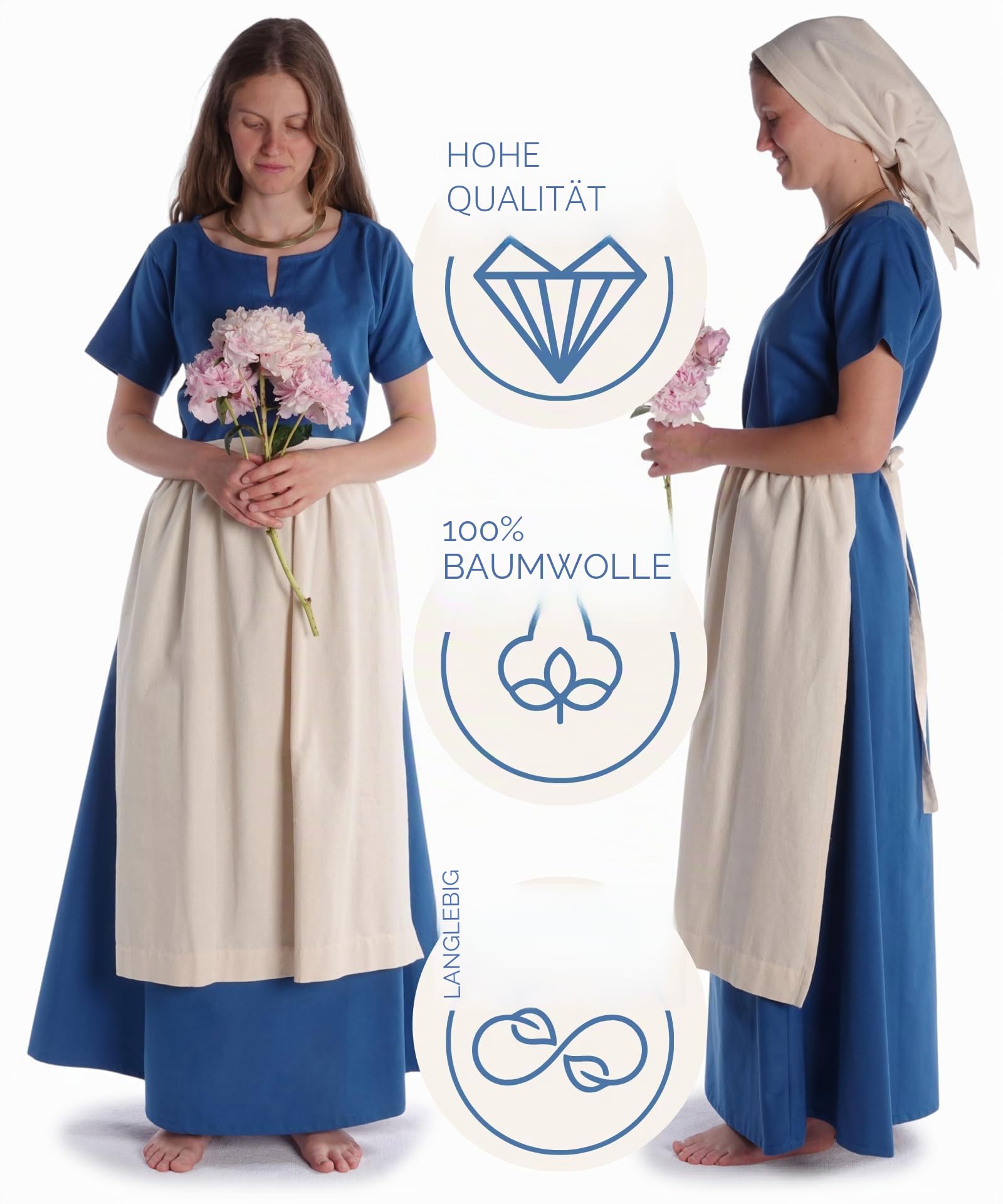 Mittelalter Kleid Hrist aus Baumwolle Hanffarben, Blau, Rot, Hellgrün, Beige S/M,L/XL,XXL/XXXL Gewandung LARP