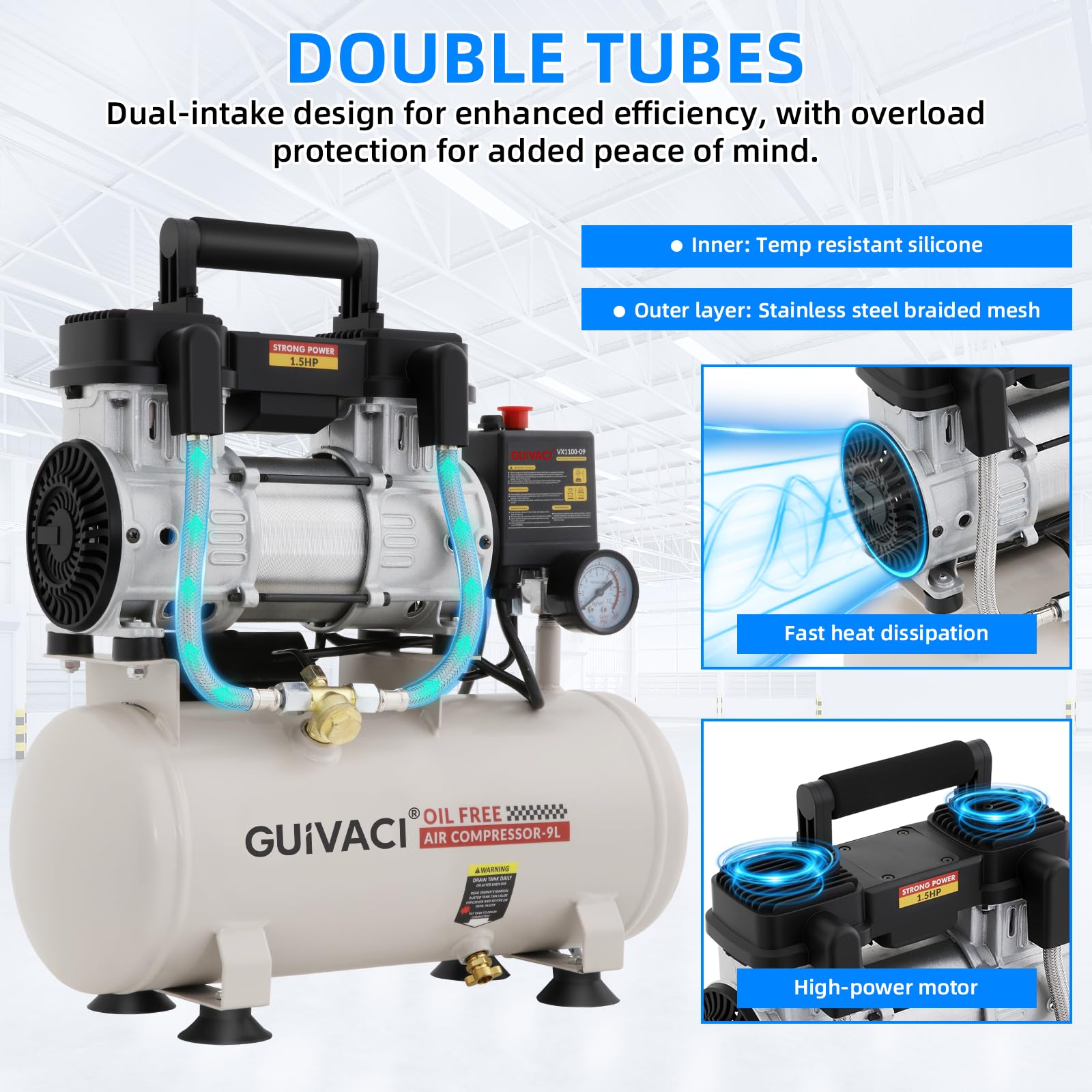 Compresor silencioso, 9 L, sin aceite, 1100 W (1,5 CV), máx. 8 bar, 190 l/min, 60 dB, con manguera de aire de 10 m, compresor silencioso para taller, coche y pintura