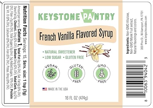 Miniatura 4 de Keystone Pantry Jarabe con sabor a vainilla francesa, botella de 1 pinta de edulcorante natural, bajo en azúcar, sin gluten, vegano, sin OMG, Kosher