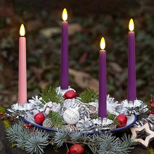 Miniatura 5 de Juego de 4 velas de Adviento de 7.9 pulgadas, sin llama, 3 velas largas sin llama, color morado y 1 rosa para rituales de Adviento y ocasiones